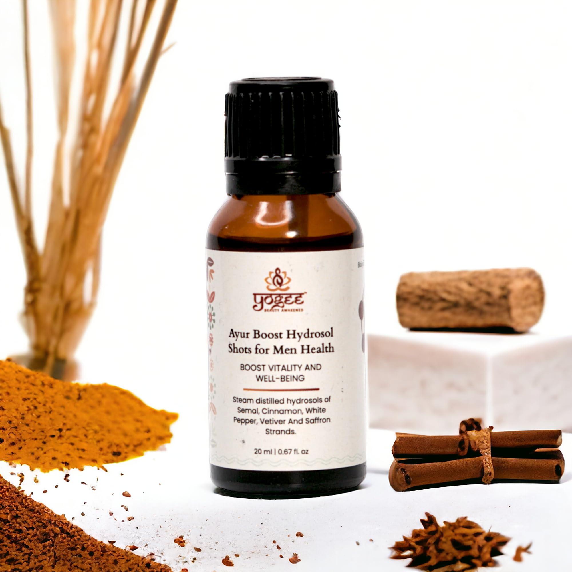 YOGEE YOGEE Organic Hydrosol Oral Shots Elixir for Men | Cinnamon, Vetiver, White pepper, Saffron |Sugar-Free Natural Health Supplement 20ml