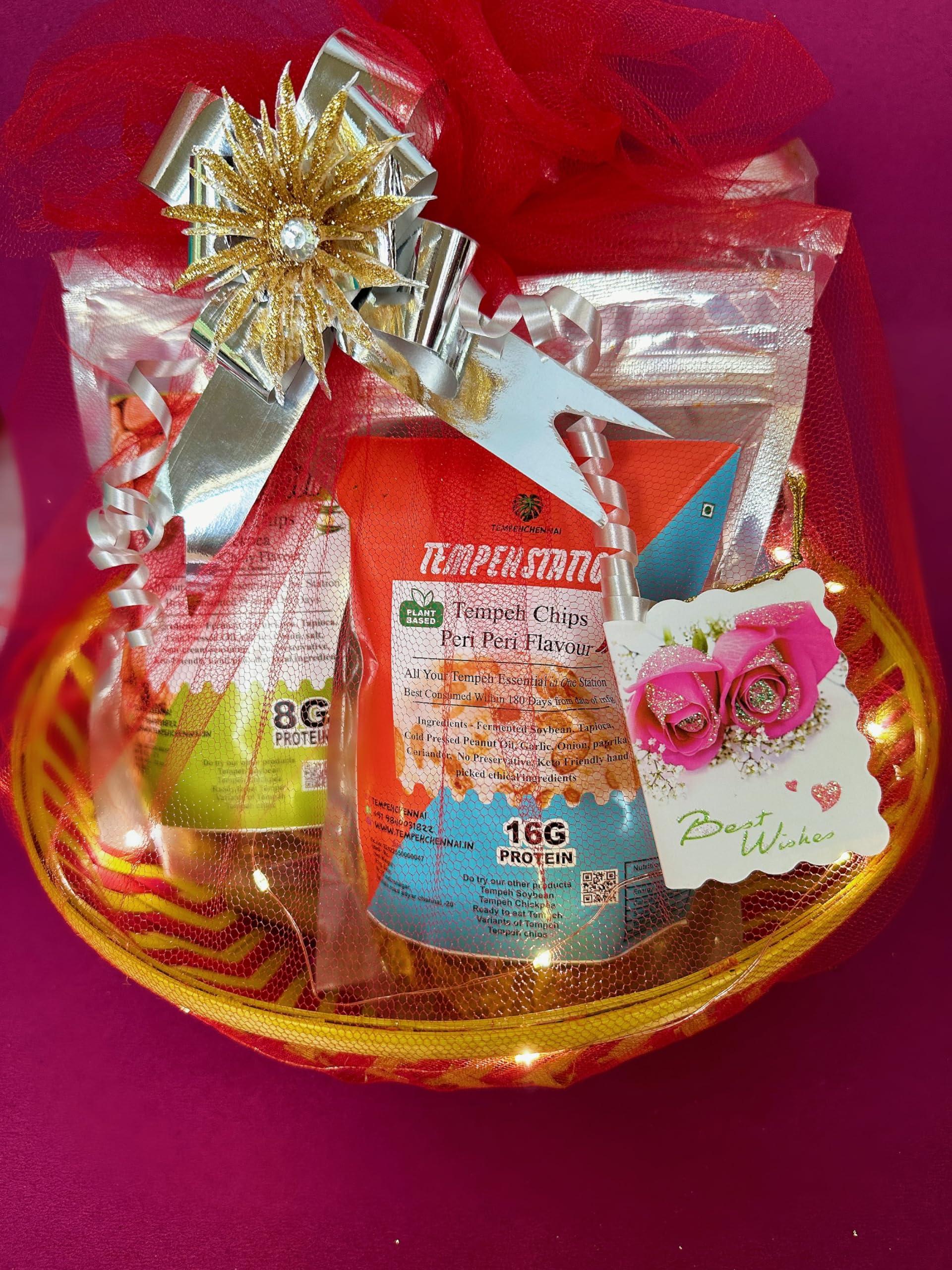 TEMPEHCHENNAI Gourment Delight Diwali Gift Hamper Celebration Gift Snacks Combo Box |Tempeh Chips 5 Packs + Light + Card + 1 Diya | Healthy No Junk Food | 100% Vegetarian | for Family, Friends, Corporate