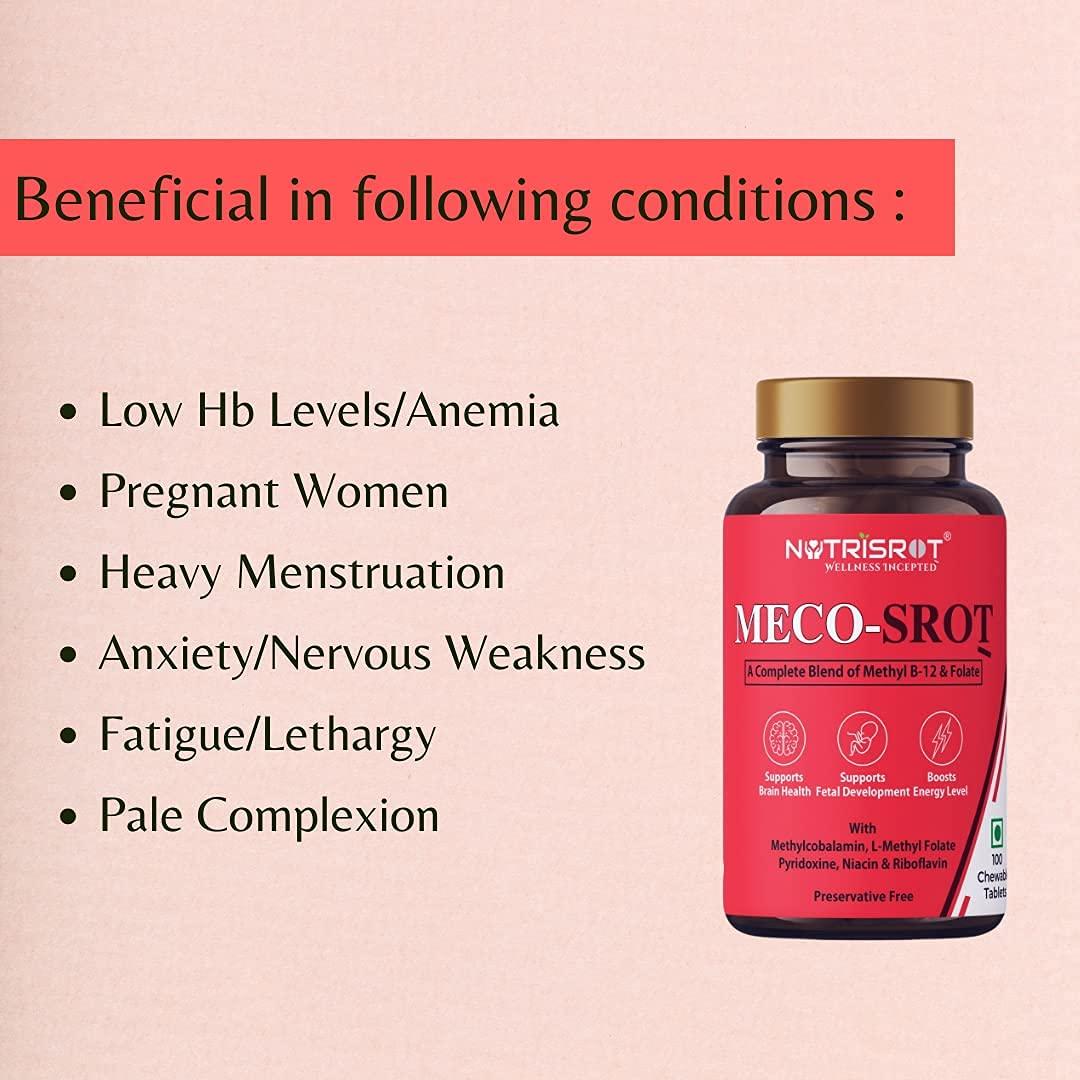 NUTRISROT NUTRISROT MECO-SROT Vitamin 12 Chewable Tablets with Vitamin B2, B3, B6 & folate to support Brain & Nerve Health| Glowing Skin| Energy & Mood Booster supplement for men & women (100 tabs in Spearmint Flavour)