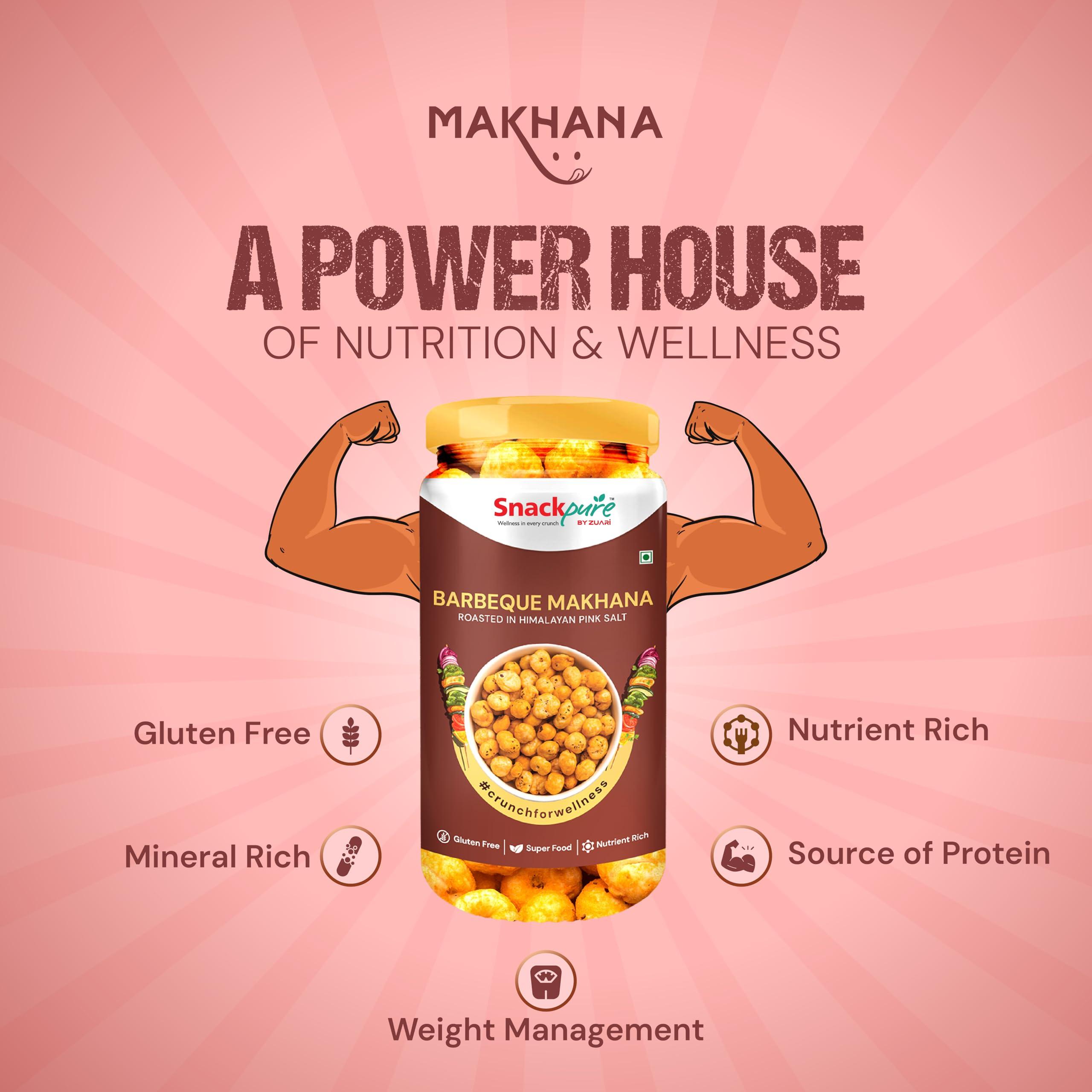 SNACKPURE BY ZUARI wellness in every crunch Snackpure Peri Peri, Barbeque & Tangy Tomato Makhana Combo Pack | Healthy Puffed Snack | Gluten-Free and Trans-Fat-Free Superfood | Nutrient-Rich Foxnut | 225g