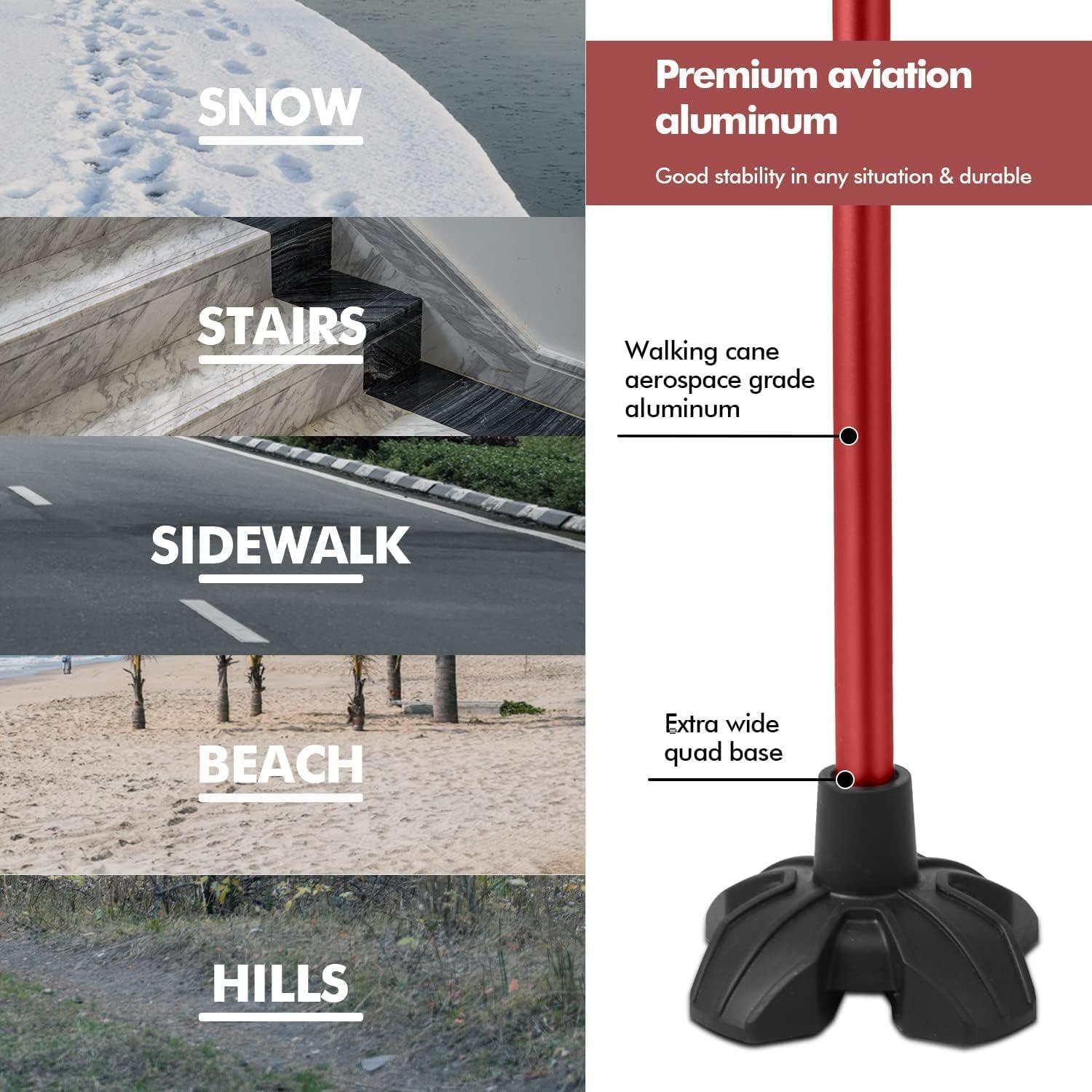 MCP MCP Halo-01 Series Big Shoe Quadripod Walking Cane for Old People with LED Light for Men & Women, Aluminum Walking Stick for Seniors & Adults, Hand Stick for Walking (Wine)