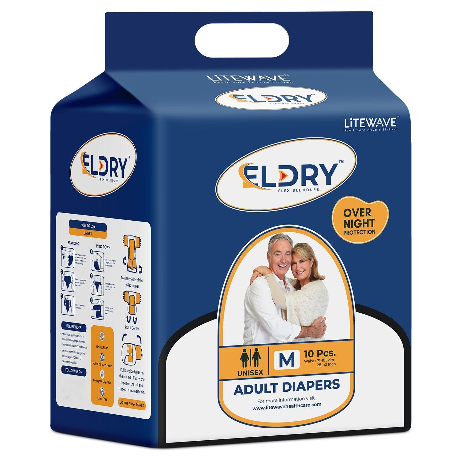 ELDRY Eldry Adult Diaper, Tape Style, Medium (M) Size, 10 Count, Unisex, Waist Size (40-60 inches | 102-152 cm), Super Absorbent Core, Wetness Indicator, Overnight Protection, Pack of 1