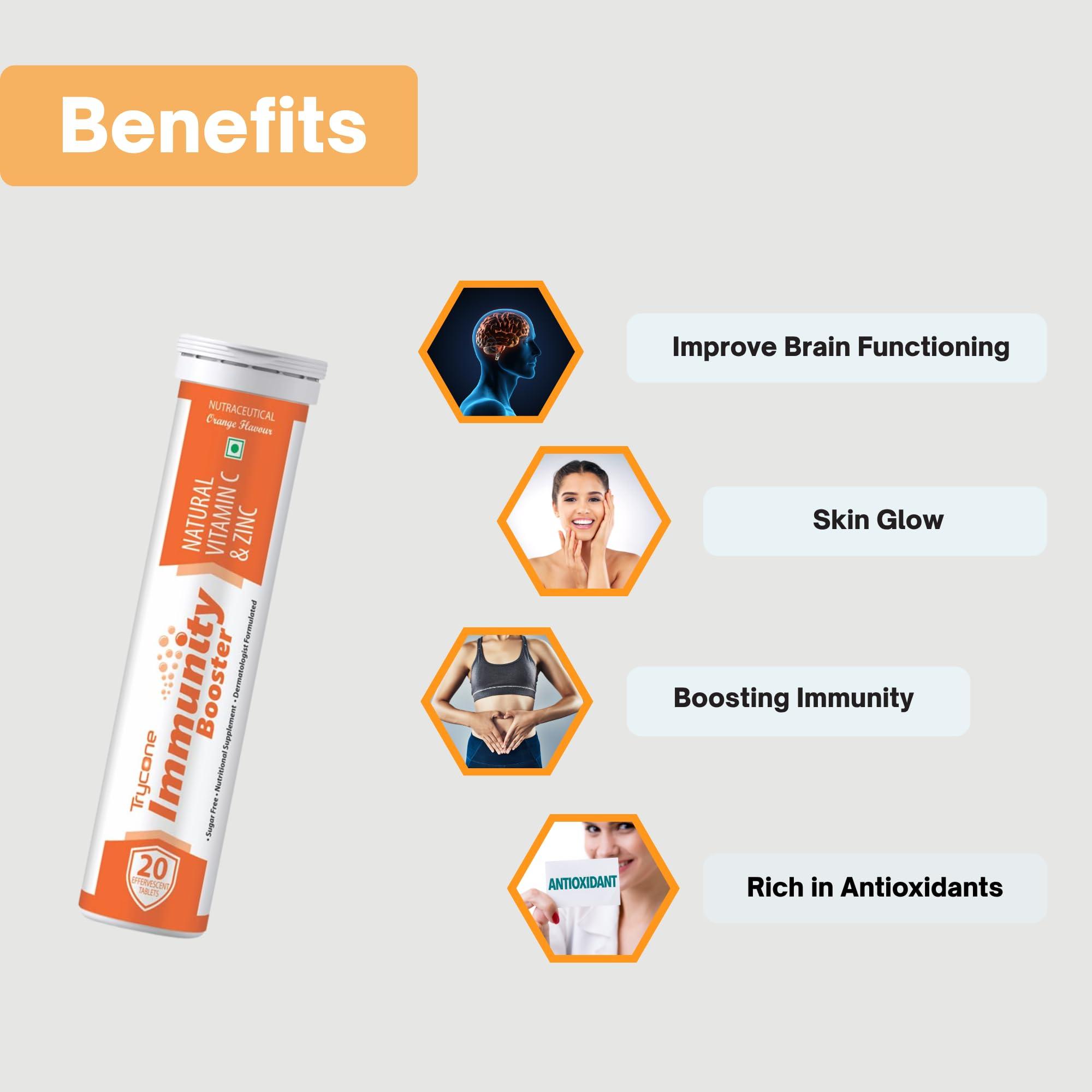 TRYCONE Trycone Immunity Booster for Adults with Natural Vitamin C from Amla Extract & Zinc Antioxidant Immunity Booster Skin care - 60 Effervescent Tablets Orange Flavour