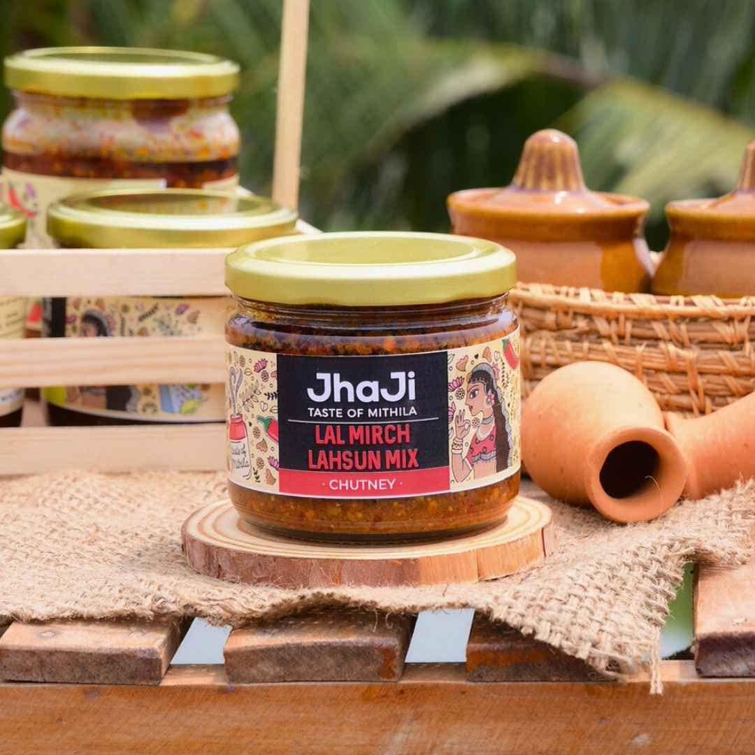 JhaJi - Taste of Mithila JhaJi - Taste of Mithila Store\'s Lal Mirch Lahsun Chutney | Bihari Style Homemade| Tangy, Spicy, Sour and Chatpata |Chopped Banarasi Lal Mirch | Sun-Dried. No Artificial Preservatives & Colors - 250g