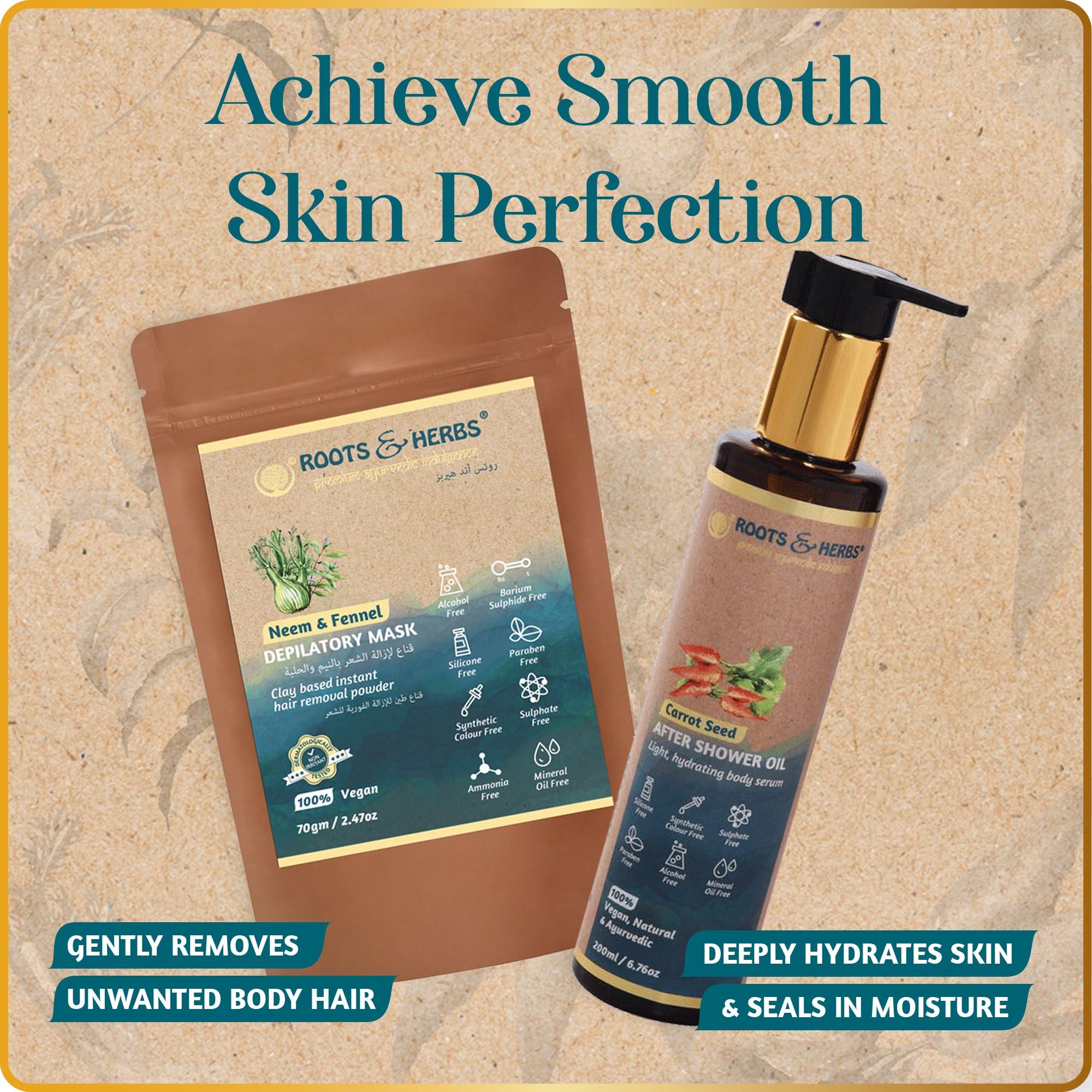 ROOTS AND HERBS ROOTS AND HERBS Vegan Hair Removal - Neem and Fennel Depilatory Mask - Men and Women's Facial Hair Removal for sensitive skin, Organic Hair remover, Pubic, Bikini, Leg Mask, Powder Waxing (7.05 Ounce)