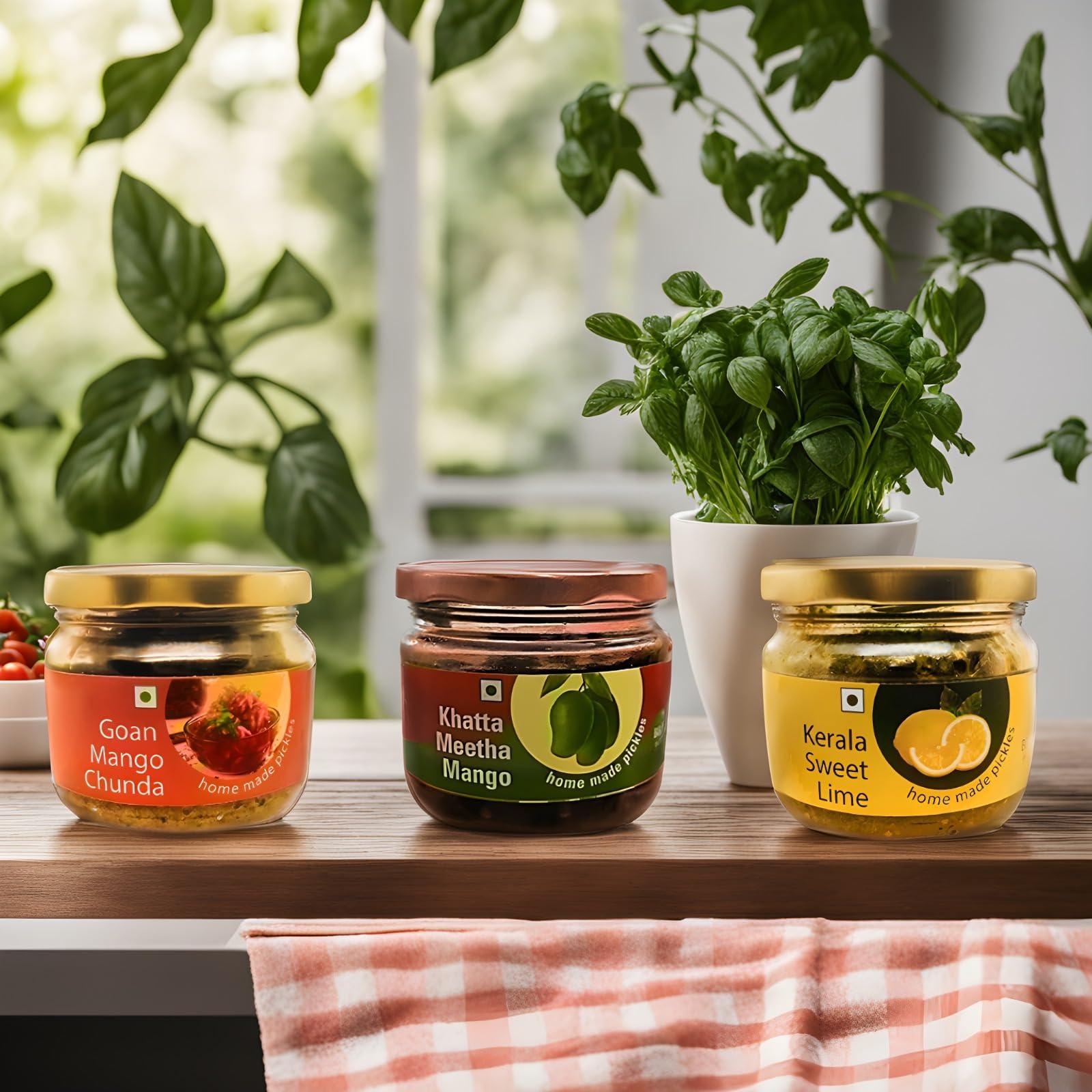 BB PICKLES BB PICKLES Homemade Goan Mango Chunda/Kerala Sweet Lime/Khatta Meetha Mango Pickle Authentic Recipe and Taste (Pack of 3 Jar 300g Each)