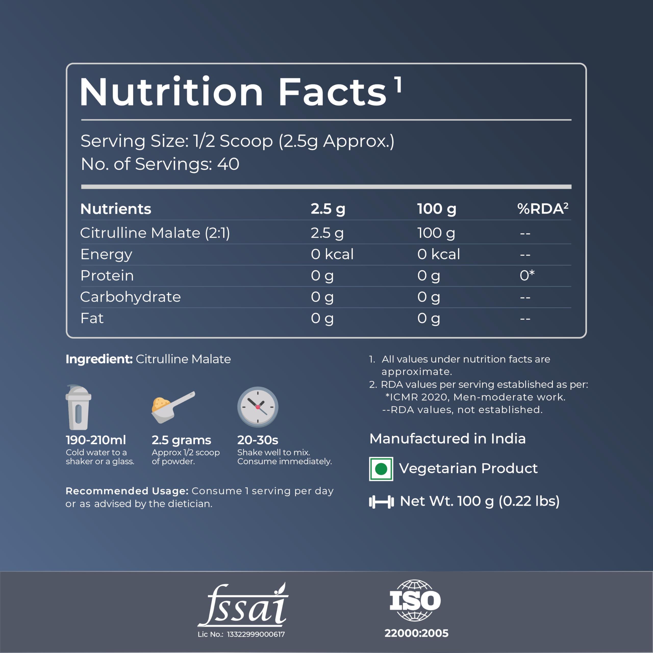 Nutrabay Nutrabay Pure 100% Citrulline Malate Powder - Boosts Nitric Oxide, Pre Workout supplement for Men & Women - 100g, Unflavoured