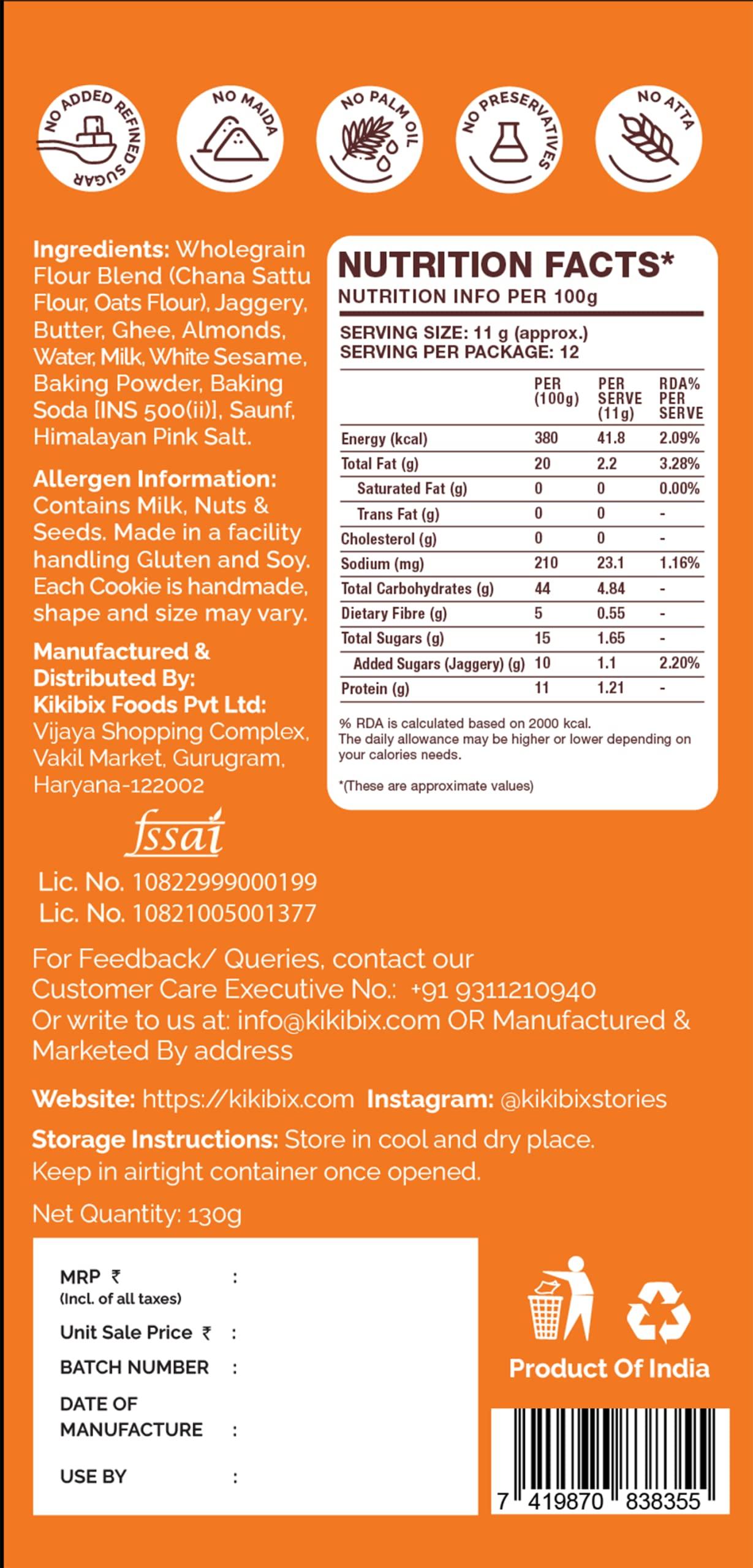 KIKIBIX Kikibix High Protein Almond Cookies | Gur Chana Sattu Biscuits | No Maida, No Refined Sugar | For Diabetics | Best Gym Workout Snack | Healthy Snack For All | Organic Jaggery Biscuits | 390 Gms