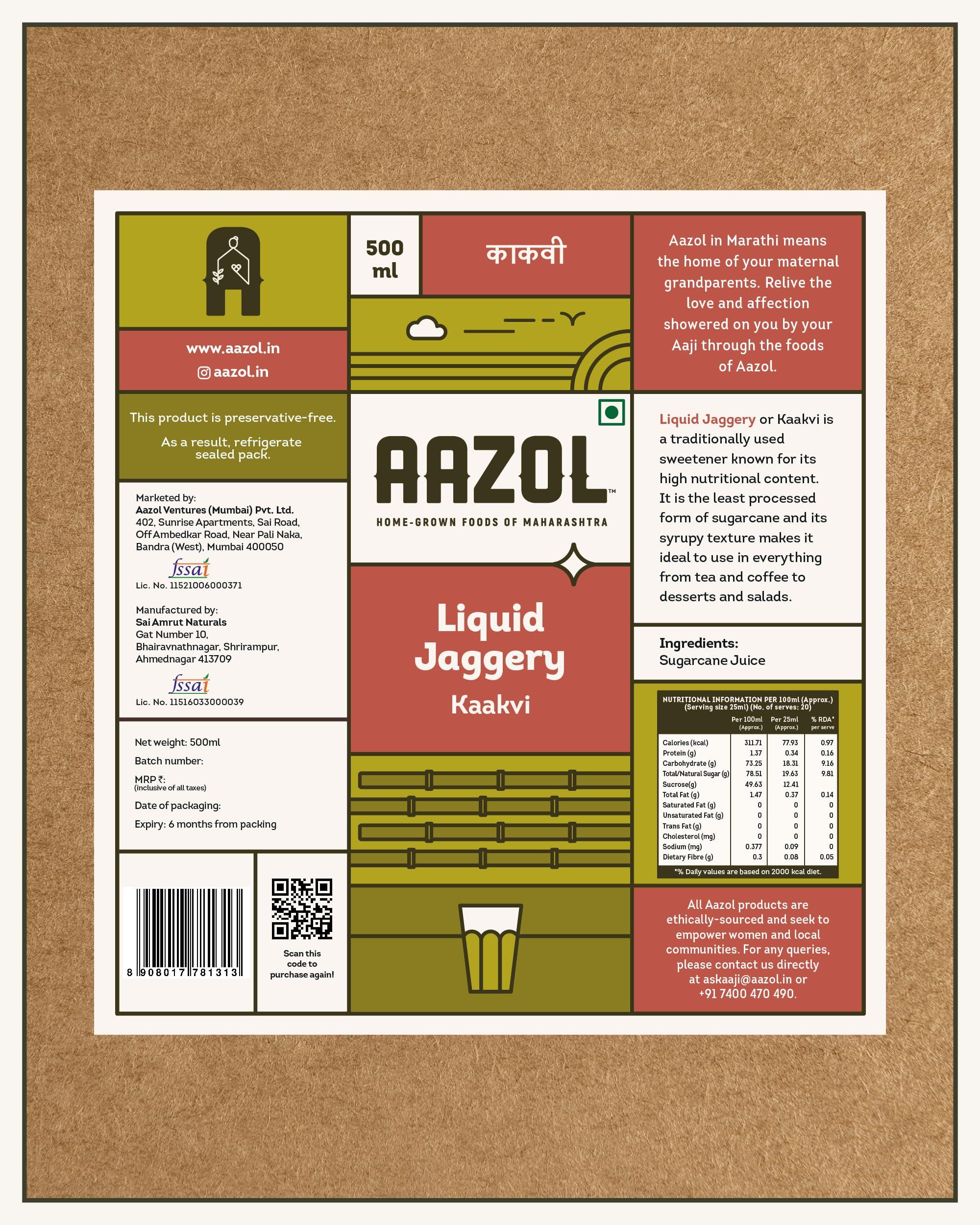 AAZOL Aazol Liquid Jaggery: Kaakvi - 1L (Pack of 2-500ml each) | Healthy Sugar Substitute | Natural By-product of Sugarcane | Mineral-rich & Nutritious | Use in Tea, Coffee, Desserts, Salads & More!