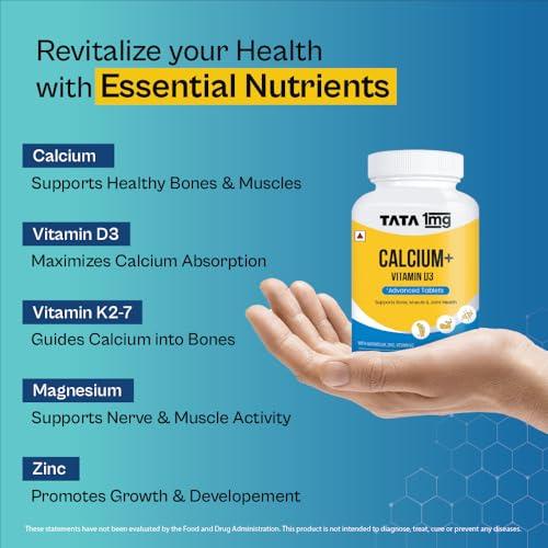 TATA 1MG TATA 1mg Calcium & Vitamin D3 supplement with Zinc, Magnesium & Alfalfa | High absorption Calcium Citrate Malate form | 500mg Calcium & 400iu Vitamin D3 | For strong bones & joints | 90 tablets