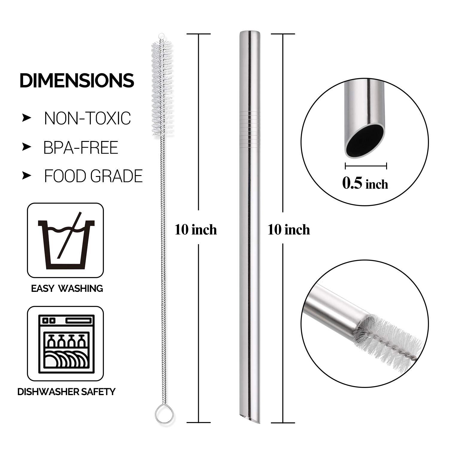 HIWARE [Angled Tips] 5 Pcs 10\" Reusable Boba Straws & Smoothie Straws, 0.5\" Wide Stainless Steel Straws, Metal Straws for Bubble Tea/Tapioca Pearl, Milkshakes, Jumbo Drinks | 2 Cleaning Brushes & 1 Case