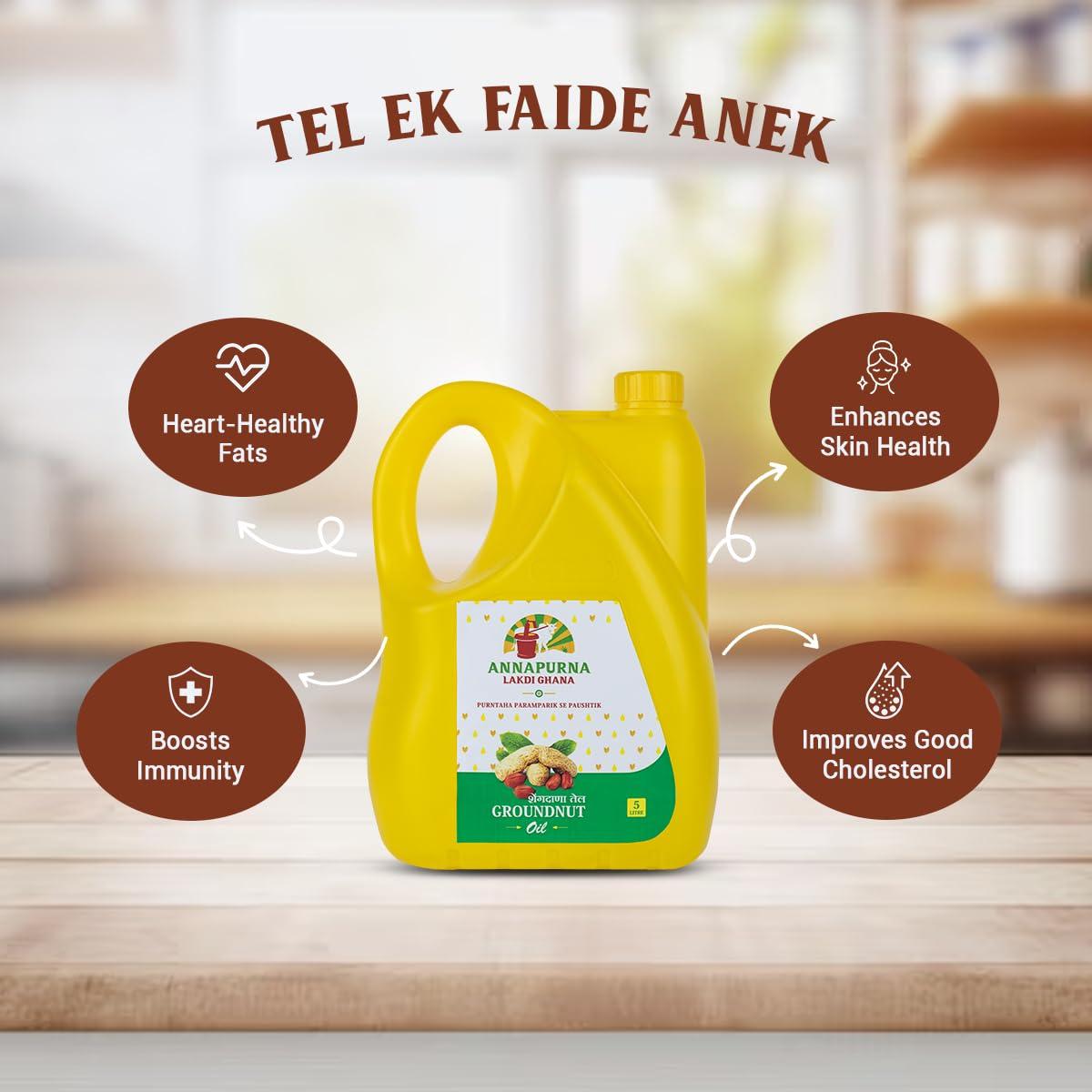 Annapurna Lakdi Ghana Annapurna Lakdi Ghana Cold Pressed Groundnut/Peanut Oil | Kolhu Kachhi-Ghani Wood Pressed Natural Cooking Oil | Pro Healthy, Chemical Free (5 Litre)