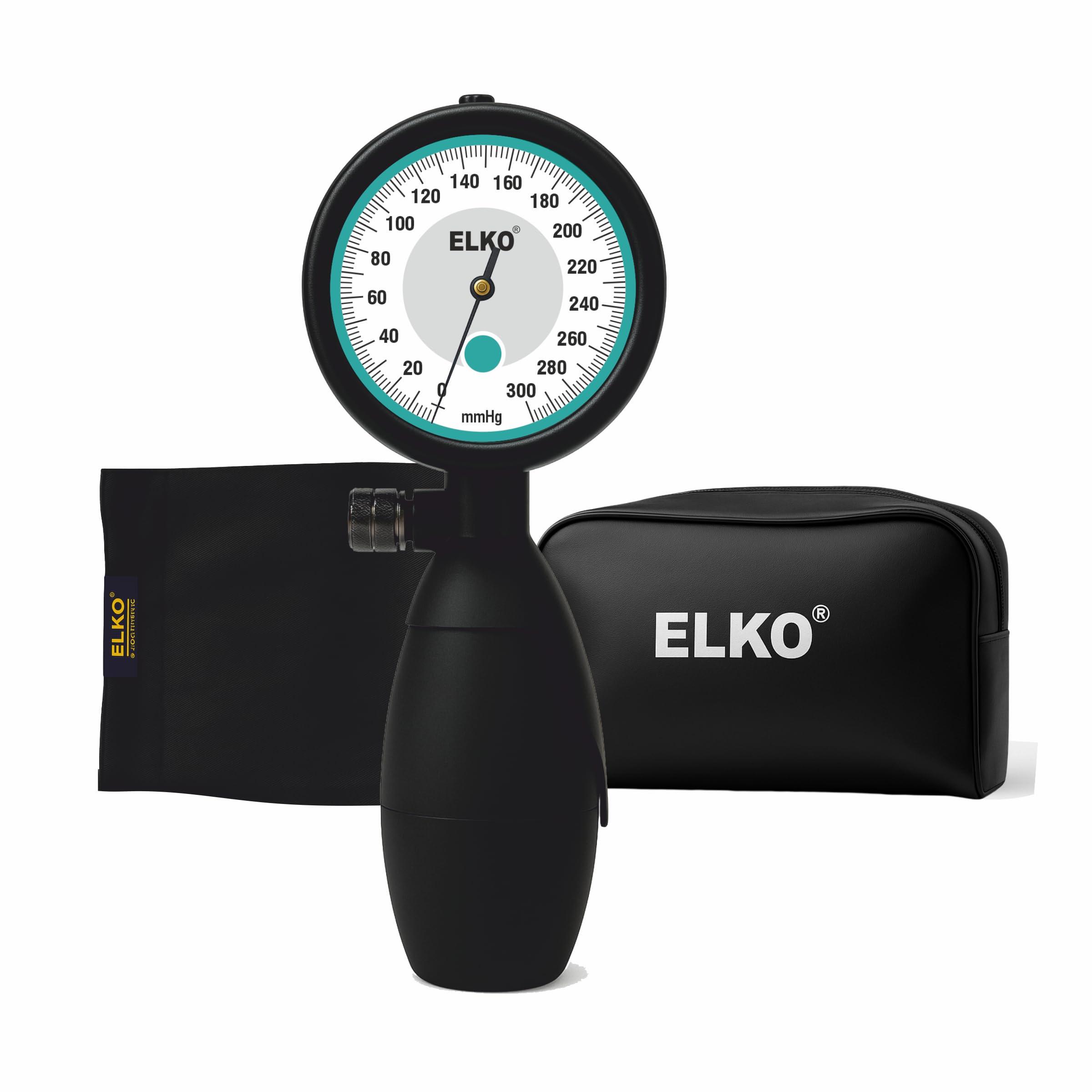 ELKO ELKO EL-420 Palm Type Aneroid Blood Pressure Monitor Sphygmomanometer with Carry Case | Large Cotton Cuff (Black)