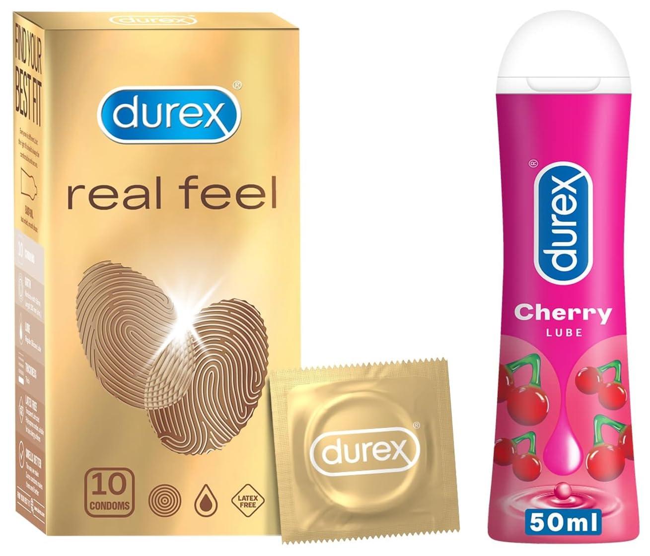 Durex Durex Real Feel Condoms for Men - 10 Count| For Real Skin on Skin Feeling| Latex Free & Durex Play Cherry 50 ml COMBO