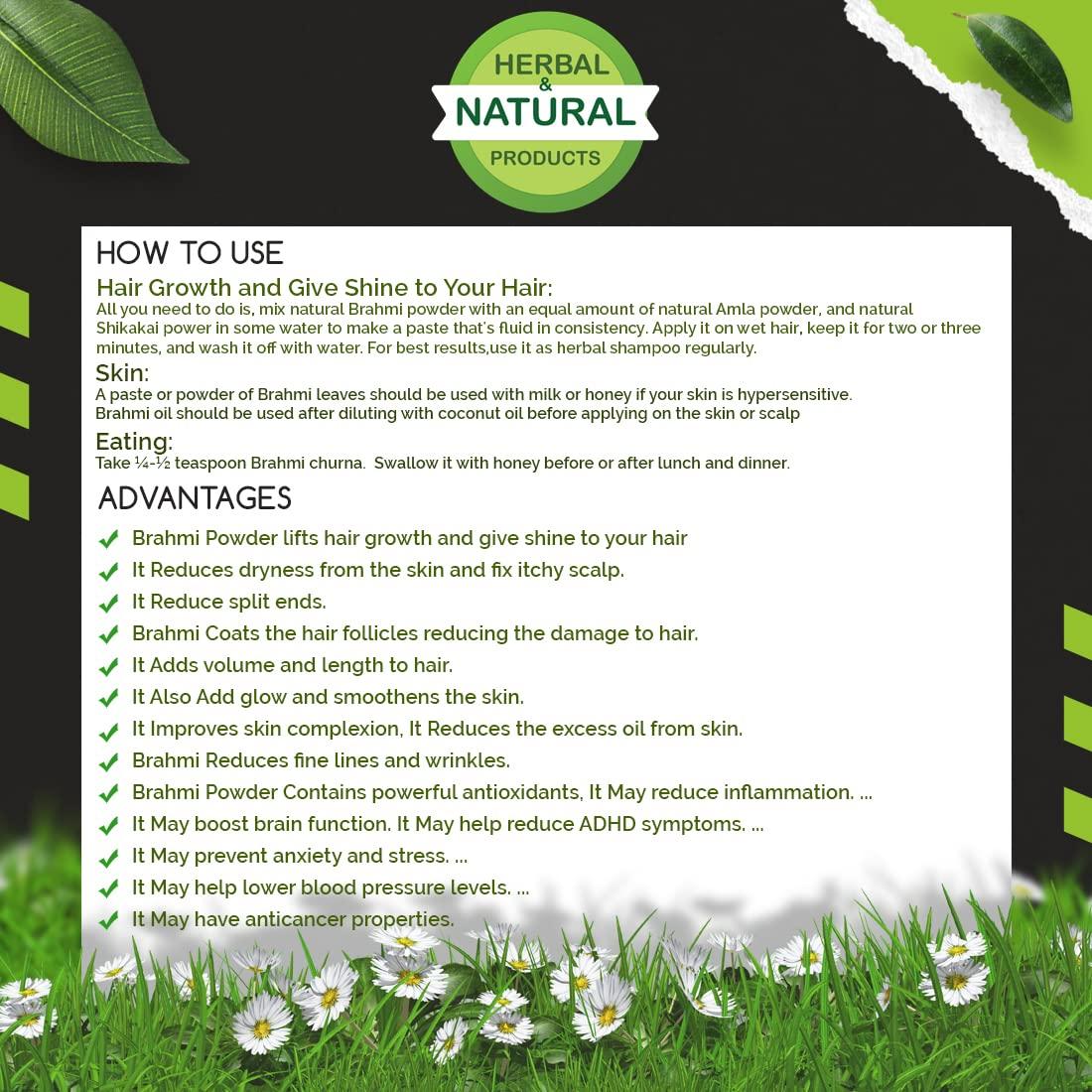 Natural and Herbal Products 100% Organic Brahmi Powder | Bacopa Monnieri For Hair Growth & Hair Care - (100g) | Edible, Drinking, Eating, Brain | Kids | Skin & Face | Pure Herbal Natural | Juice Memory Leaf Organic