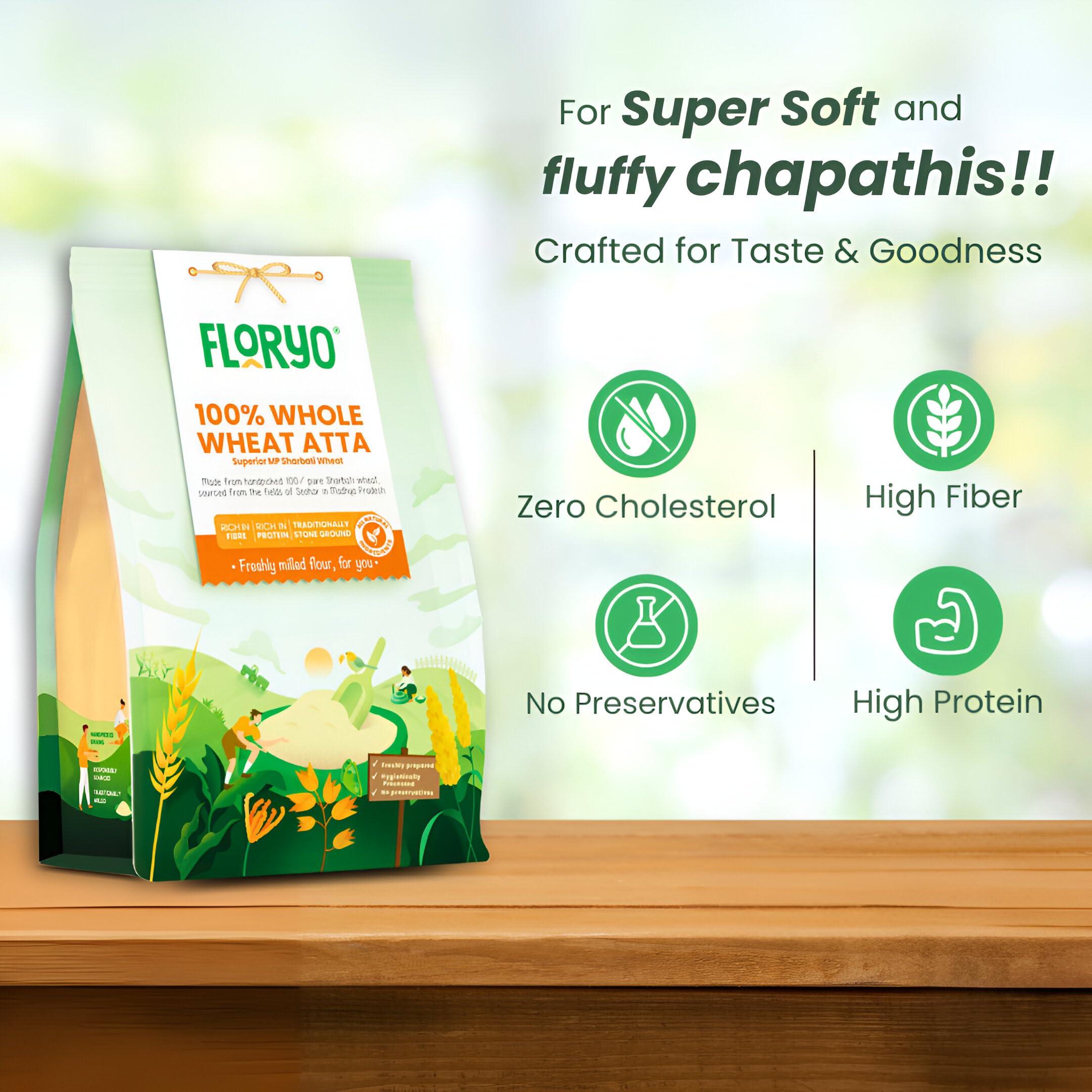 Floryo Floryo 100% Whole Wheat Atta (Superior MP Sharbati Wheat) | Coarse Texture | High Fibre | Freshly Milled After Order | Stone Grounded | 0% Maida | No Preservatives | 1Kg