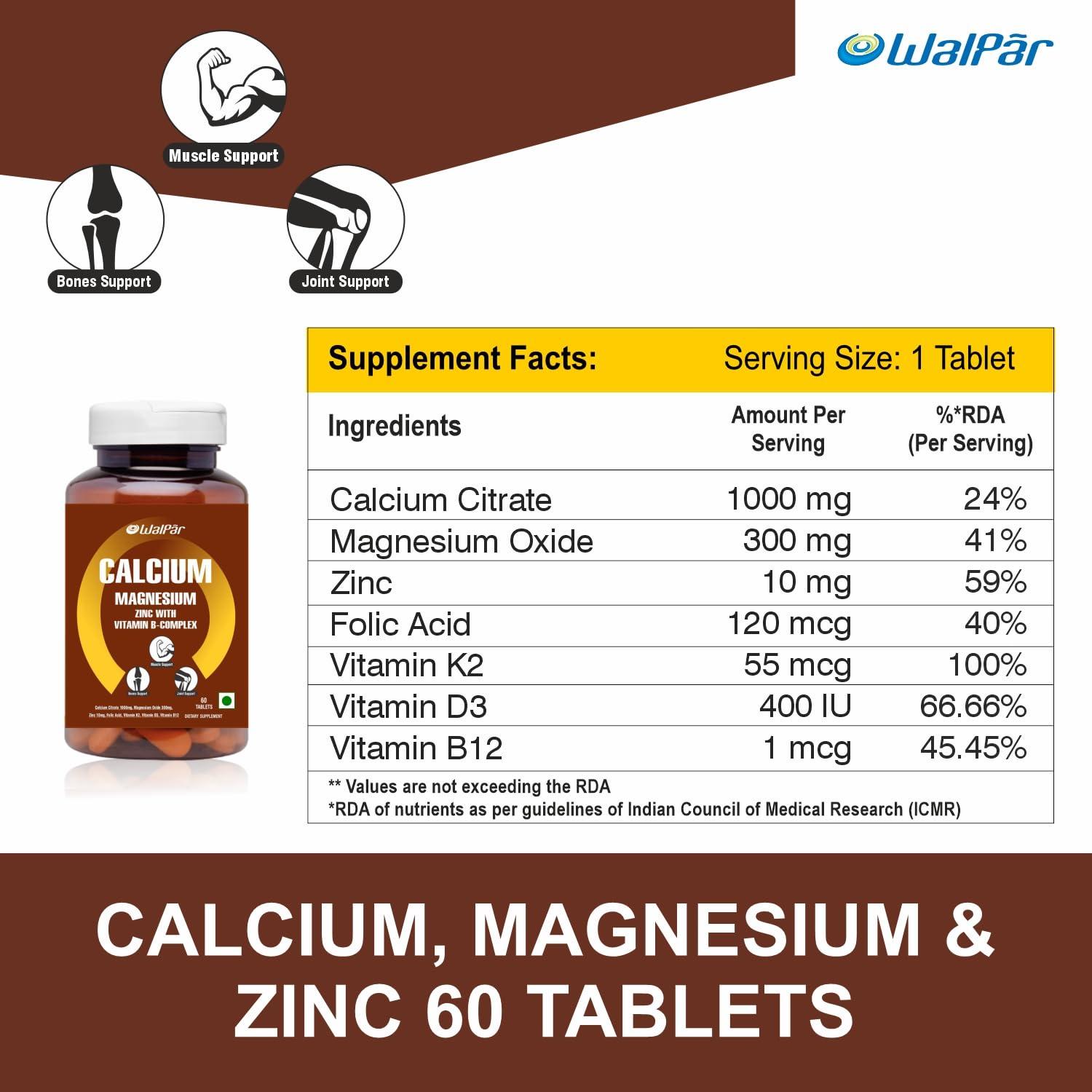 WALPAR Calcium Citrate Supplement 1300mg with Magnesium Zinc Vitamin D3 D B12 B Complex Ideal for Bone and Muscle support & Joint health Ideal for Men Women (1)