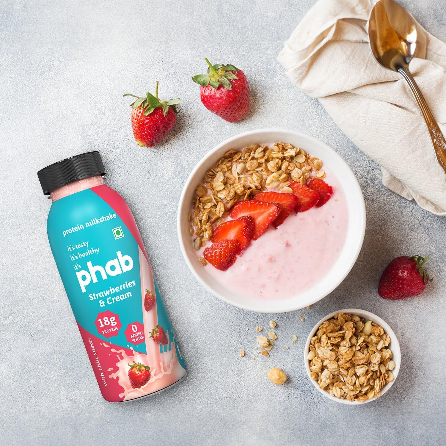 Phab Phab Strawberry Protein Milkshakes(200Ml, Pack Of 24) With 18G Protein & No Added Sugar | Gluten-Free & Gut-Friendly, Trans Fat Free | Healthy & Delicious Protein Shake