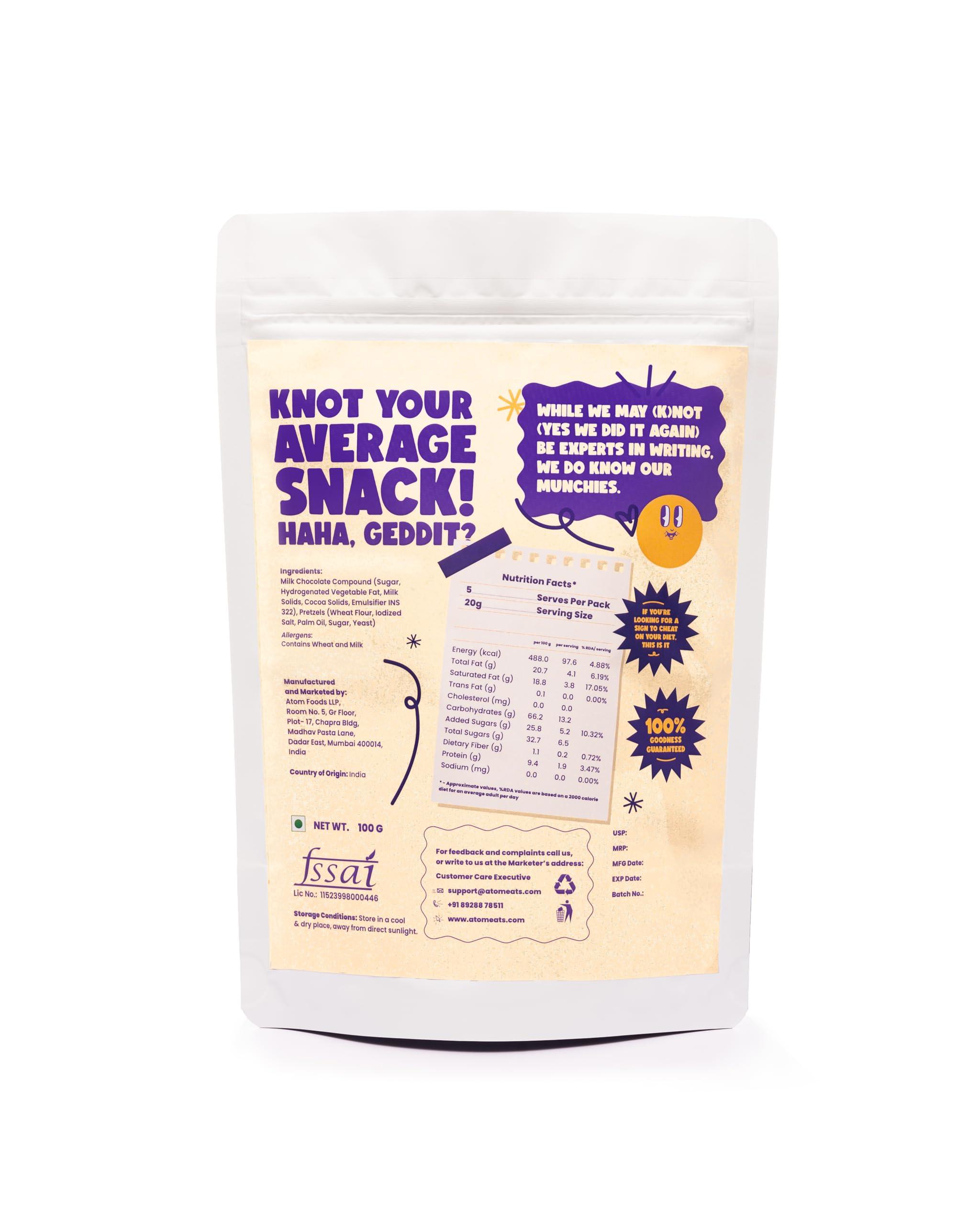 Atom Eats Atom Eats | Milk Choco Dipped Pretzels: Choco Dipped Mini Salted Pretzel Knots 100g - Rich Milk Chocolate - Perfect Snacks for Sharing, Parties - Imported Chocolates, Versatile Delight