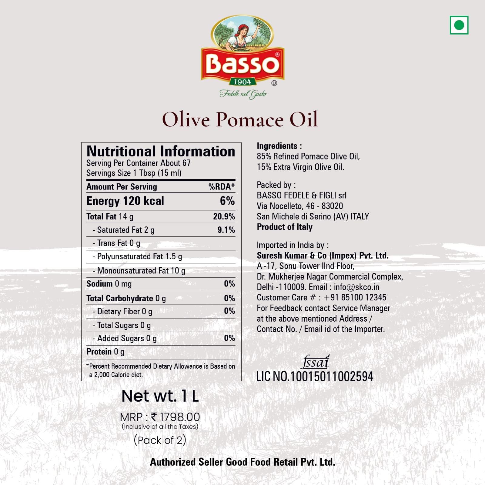 Basso 1904 Basso Pomace Olive Oil, 1L, Pack of 2, Packed in Italy, Olive Oil for all types of Indian Cooking including deep frying, roasting | Rich In Taste | Premium & Light | Healthy Oil Choice