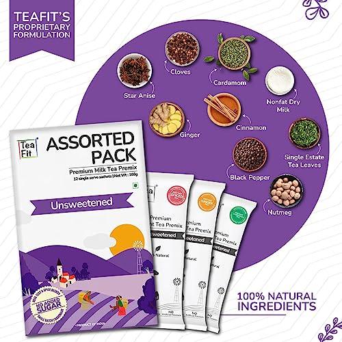 TeaFit TeaFit Premium Zero Sugar Instant Assorted Tea Pack of 24 Sachets (336gm) | Ginger-Cardamom-Masala-Saffron-Lemongrass Instant Milk Tea Premix | Diabetic Friendly | Instant Tea Premix | Tea Powder