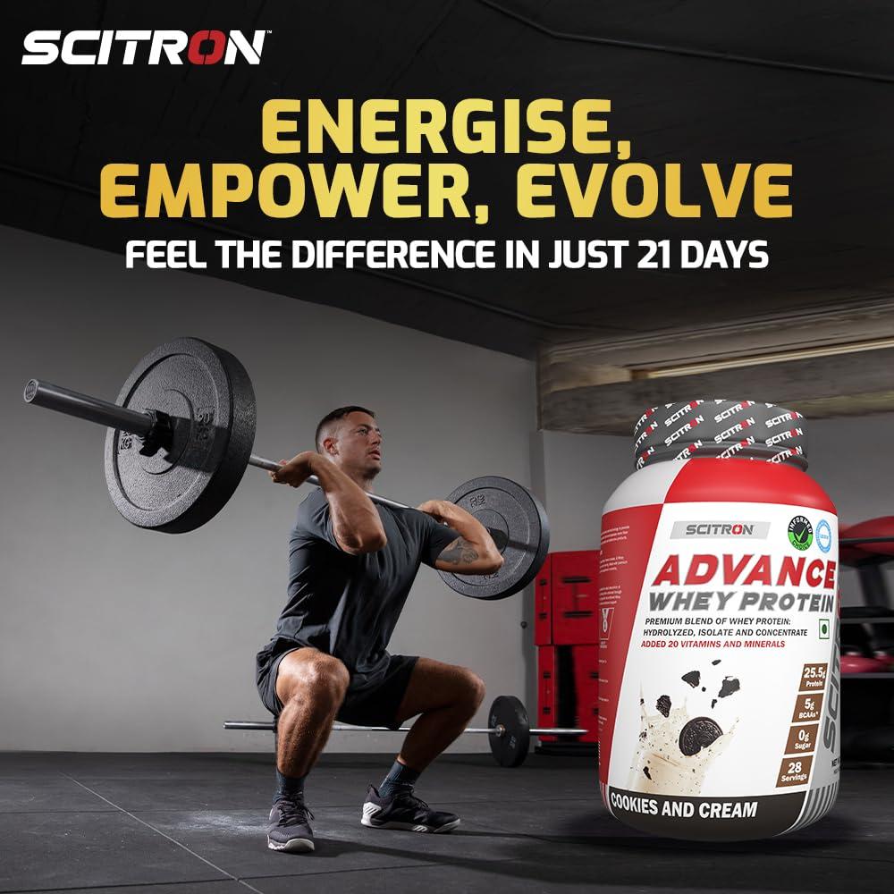 SCITRON Scitron Advance Whey Protein 1Kg Cookies and Cream (28 Servings, 25.5g Protein, 5g BCAAs, 0g Sugar, 20 Vitamins & Minerals) Certified by Labdoor, USA | Sourced from Glanbia Nutrition | Certified by Informed Choice
