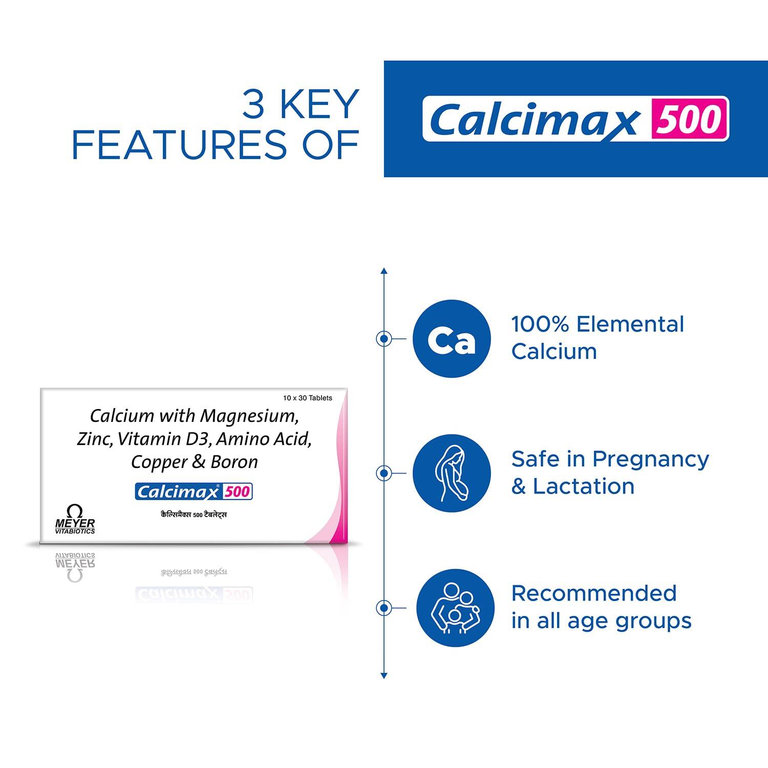 Calcimax 500 Calcimax 500 Tablets With 500Gm Calcium Carbonate, Vitamin D3, And Zinc That Prevents Calcium Deficiency, Useful In Osteoporosis, Osteopenia 30 Tablets