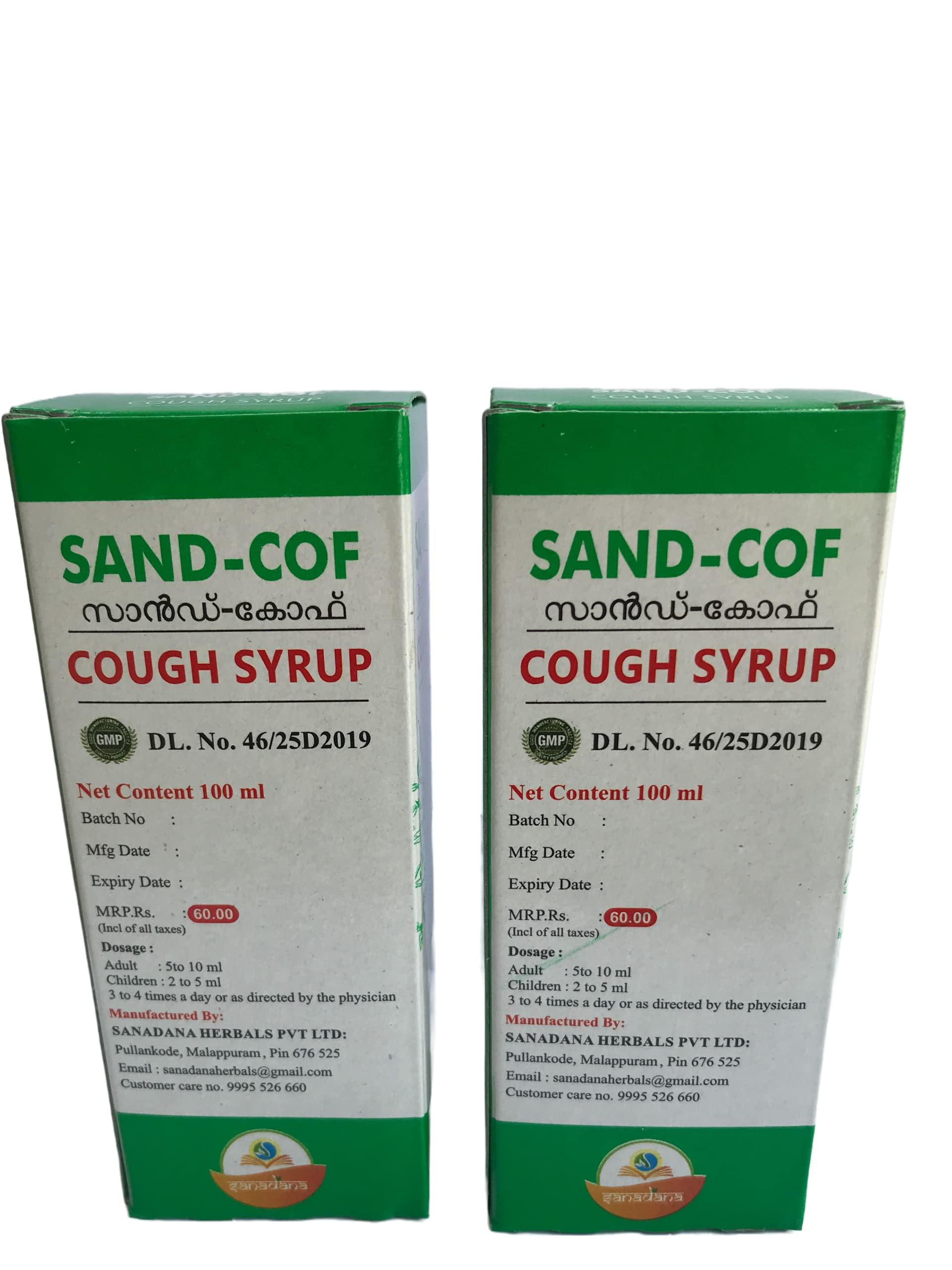 SAND COF Sand Cof Cough Syrup With Goodness of Chukku, Aymodakam, Thippali, Adalodakam, Kurumulaku & Tulsi, Ayurvedic Cough Reliever, (100ml - Pack of 2)