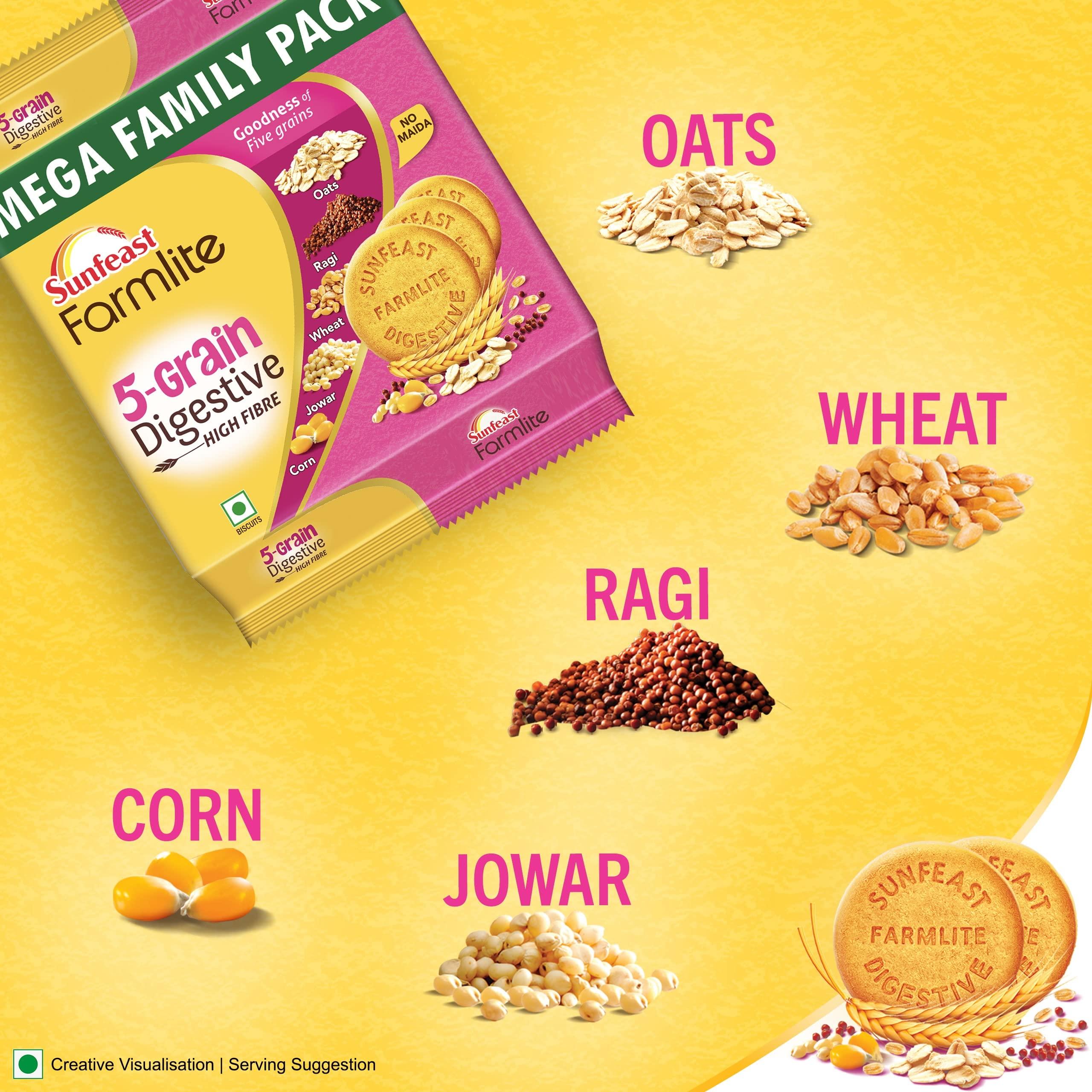 Sunfeast Farmlite Sunfeast Farmlite 5 Grain Digestive Biscuit, High Fibre Biscuit, Goodness of 5 Grains, 800 g Pack & Sunfeast Marie Light Active Bag, 1 kg