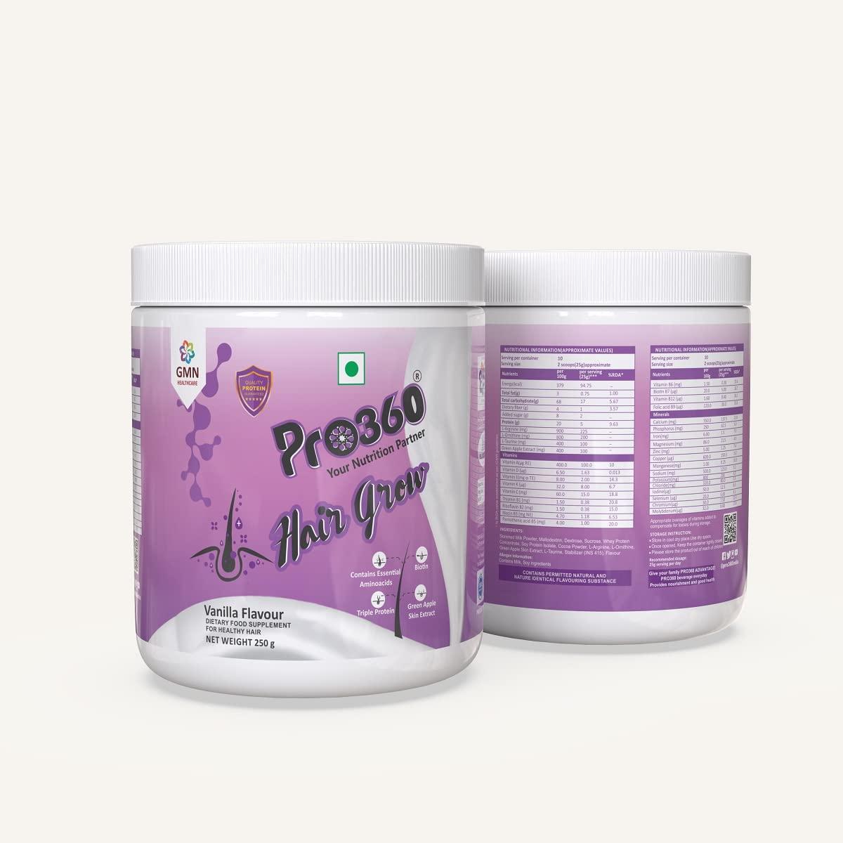 PRO360 Pro360 Hair Grow Protein Powder for Healthy Hair Growth Nutrition Supplement for Men and Women - Enriched with Biotin and Green Apple Skin Extract - Vanilla Flavor (250+250) g Pack of 2