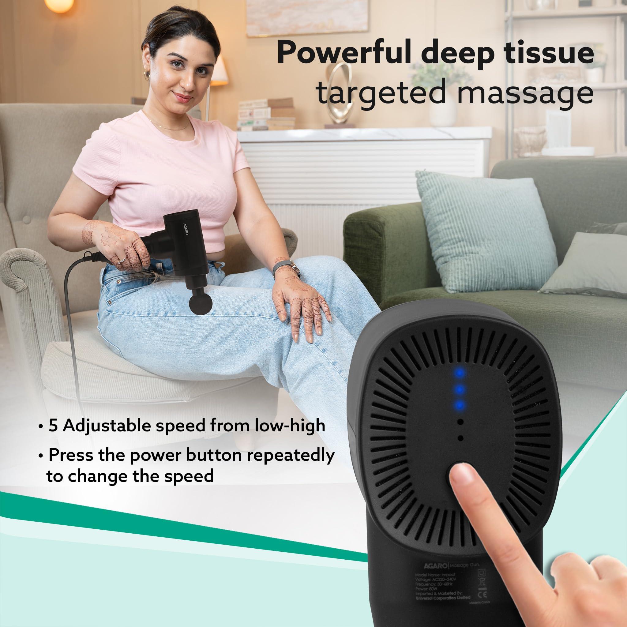 AGARO AGARO Impact Handheld Deep Tissue Percussion Gun Massager,Massage Machine, Body Massager, 6 Massage Heads, 5 Speed, For Deep Tissue Massage, Body Relaxation & Pain Relief (Black)