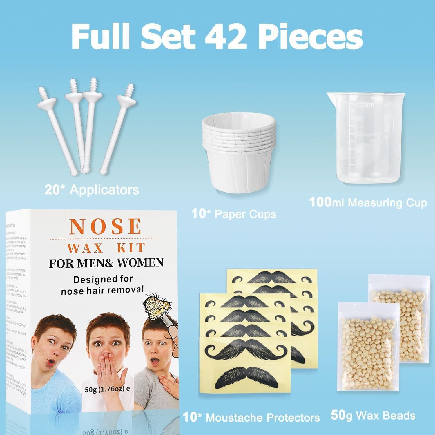 CoFashion CoFashion Nose Wax Kit for Men Women, Nose Hair Removal Waxing Kit Eyebrows Ears Lips Facial Nose Hair Remover Wax with 50g Hard Wax Beads 20 Applicators 10 Paper Cups 8 Moustache Protectors & 1 Measuring Cup