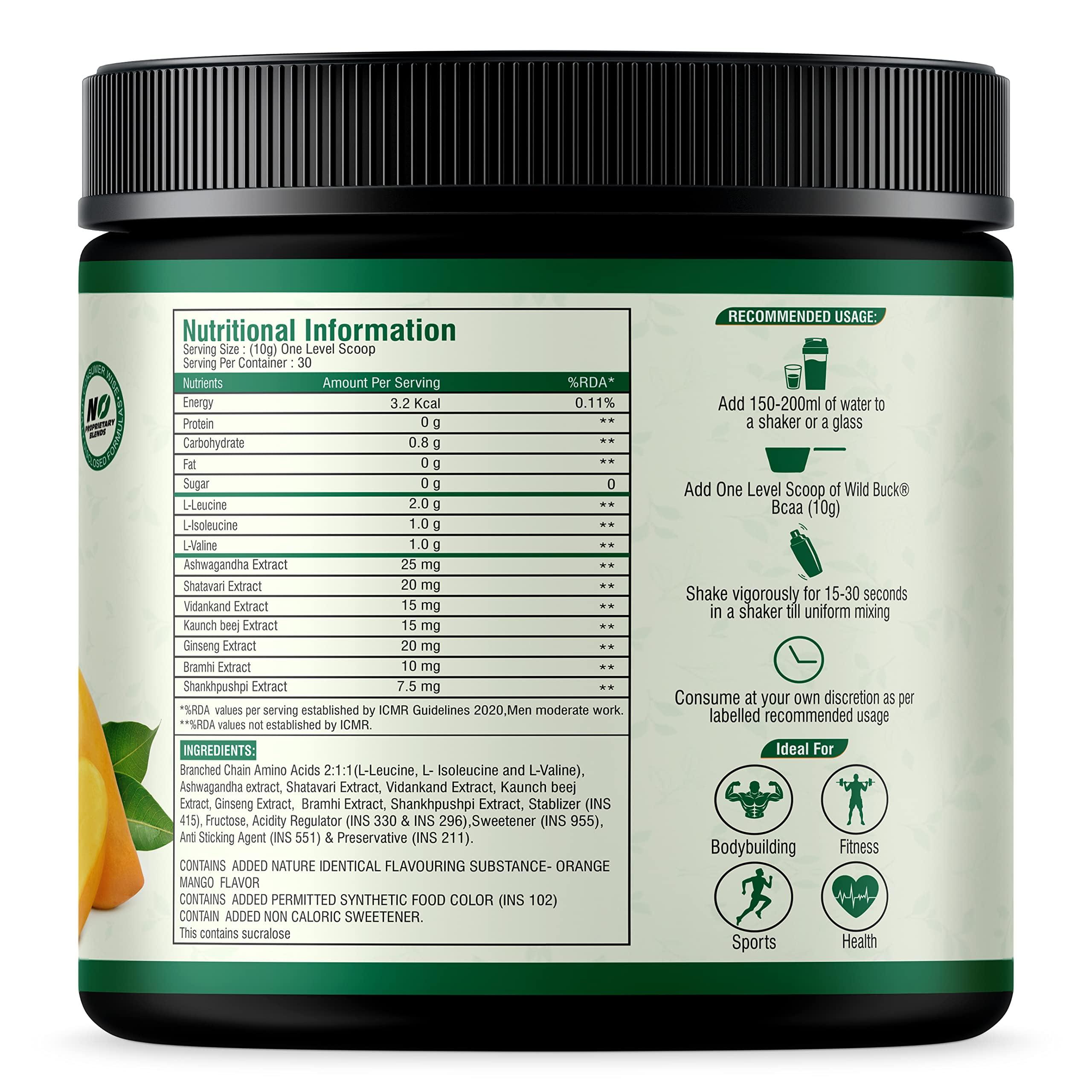 WILD BUCK WILD BUCK Creatine Monohydrate, 100% Pure Creatine Energy Support Supplement [50 Servings, Blueberry] + Bcaa Powder With Natural & Powerful Herbs For Women & Men [Orange Mango, 30 Servings, 300G]