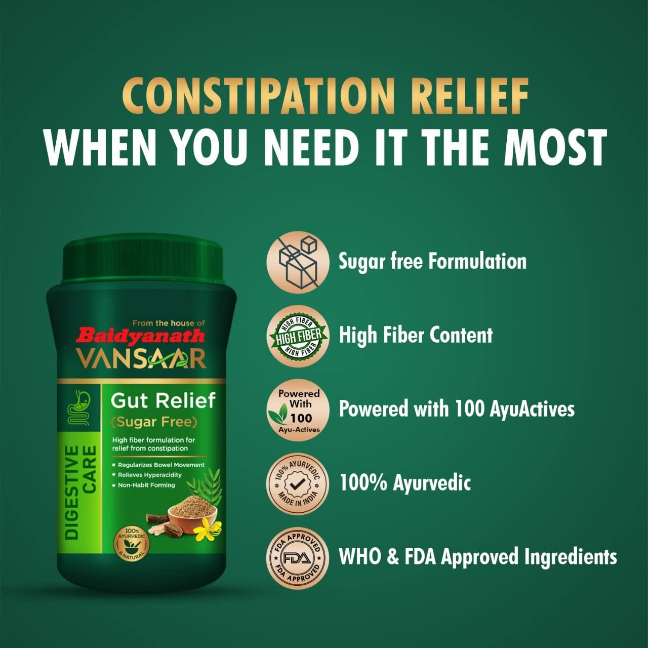 VANSAAR Vansaar Gut Relief (Sugar free) - 200g | Stomach cleanser for Constipation, Gas & Bloating| Enriched With Isabgol, Haritaki & 6 other ayurvedic herbs| Non-Habit forming, Overnight Relief (Pack of 2)
