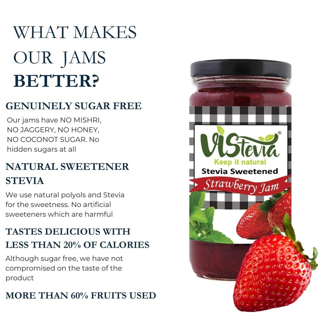 VISTEVIA Vistevia Sugar Free Mixed Fruit Jam & Strawberry Jam, Diabetic and Keto Friendly - Sweetened Naturally with Stevia, More Than 60% Fruit Content - Tastes Delicious - Pack of 2 (400 * 2 GM)