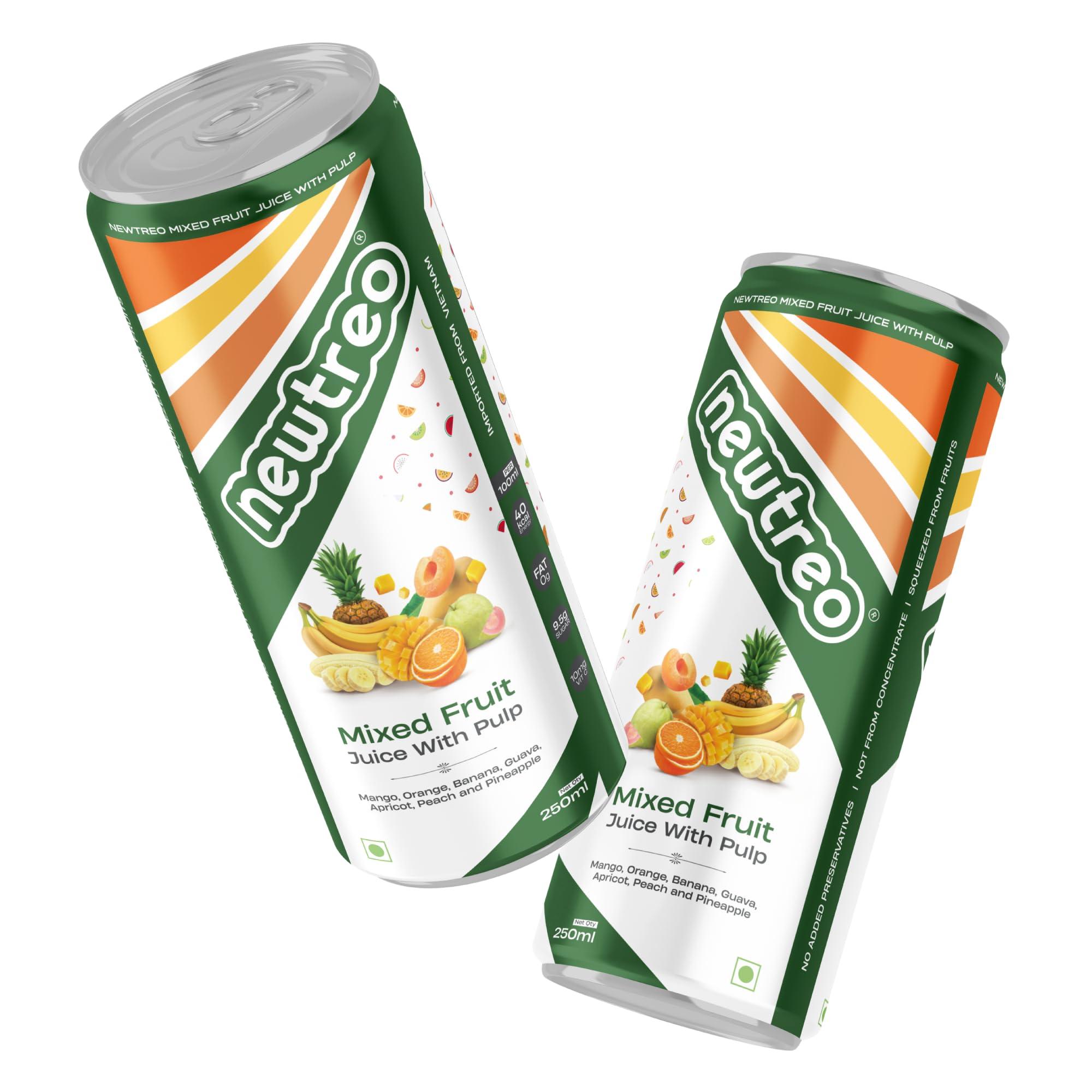 Newtreo Newtreo Mixed Fruit Juice With Pulp | Imported from Vietnam | Mango, Orange, Banana, Guava, Apricot, Peach & Pineapple Juice | 12 x 250ml cans | No Concentrates or preservatives added