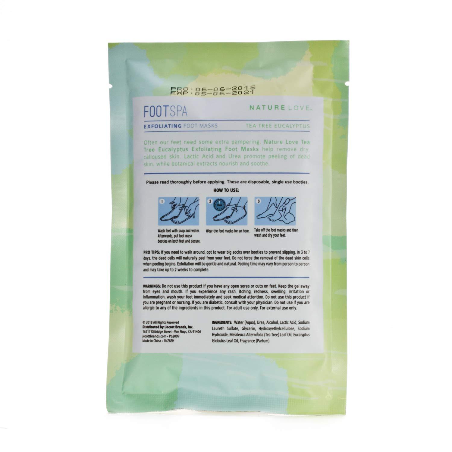 NATURE LOVE HARMONIOUS WELL-BEING Nature Love Exfoliating Foot Mask | Tea Tree Eucalyptus | Lactic Acid and Urea | Gently Exfoliates and Removes Dead Skin | Paraben Free (3 Pairs)