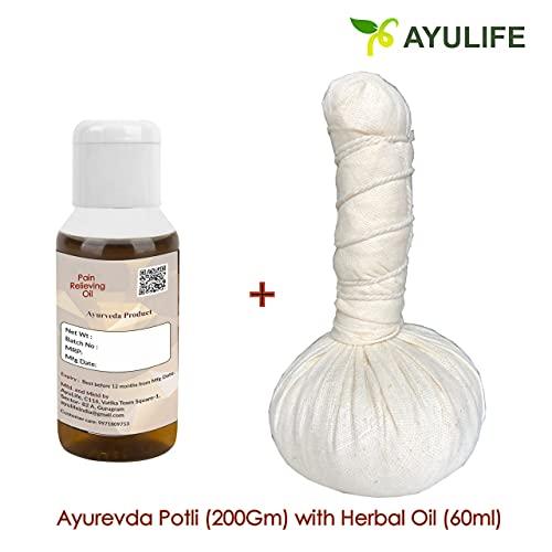 Ayulife Ayulife Ayurveda Potli Massage and Ayurveda Pain Relief Oil Combo Pack, Easy to use, Kit usable for 20 massages Suited for Pain in Lower Back, Neck, Cervical, Sciatica, Lumber (Weight 265 gram)
