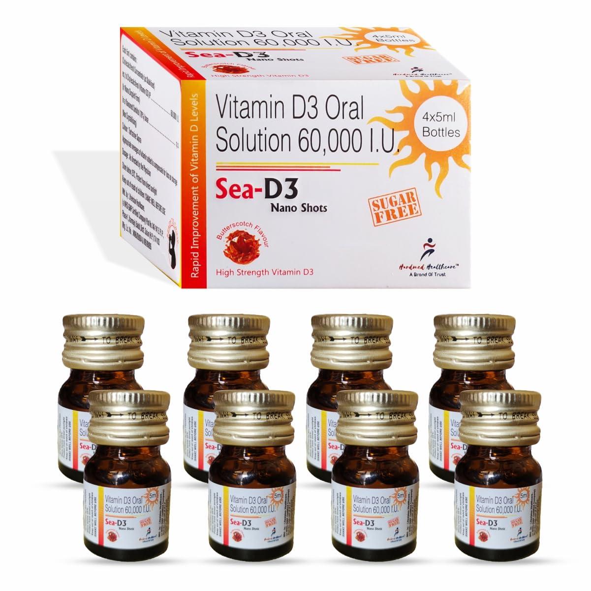 SEA SEA D3 Nano Shots/Vitamin D3 60000 I.U Suga Free Oral Solution Syrup(8 Shots Of 5Ml Each) = 2 Boxes, 1 Count