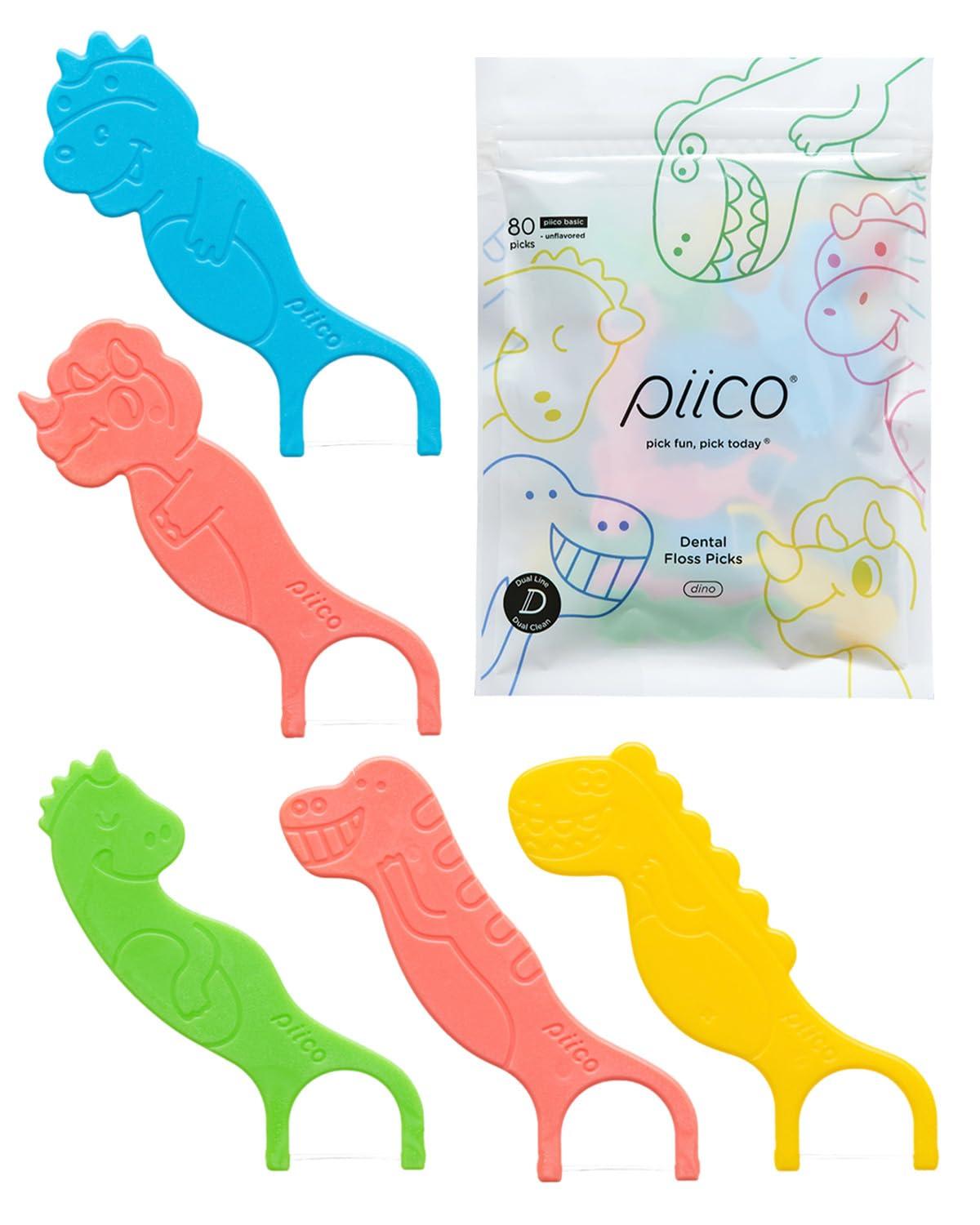 PIICO Piico Kids Flossers, Dual Line Unflavored Dental Floss Picks Without Fluoride, Fun & Colorful Designs with Slim Kids Floss & Portable Travel Case, Prevent Tooth Decay & Gum Disease, 80 Count Dino