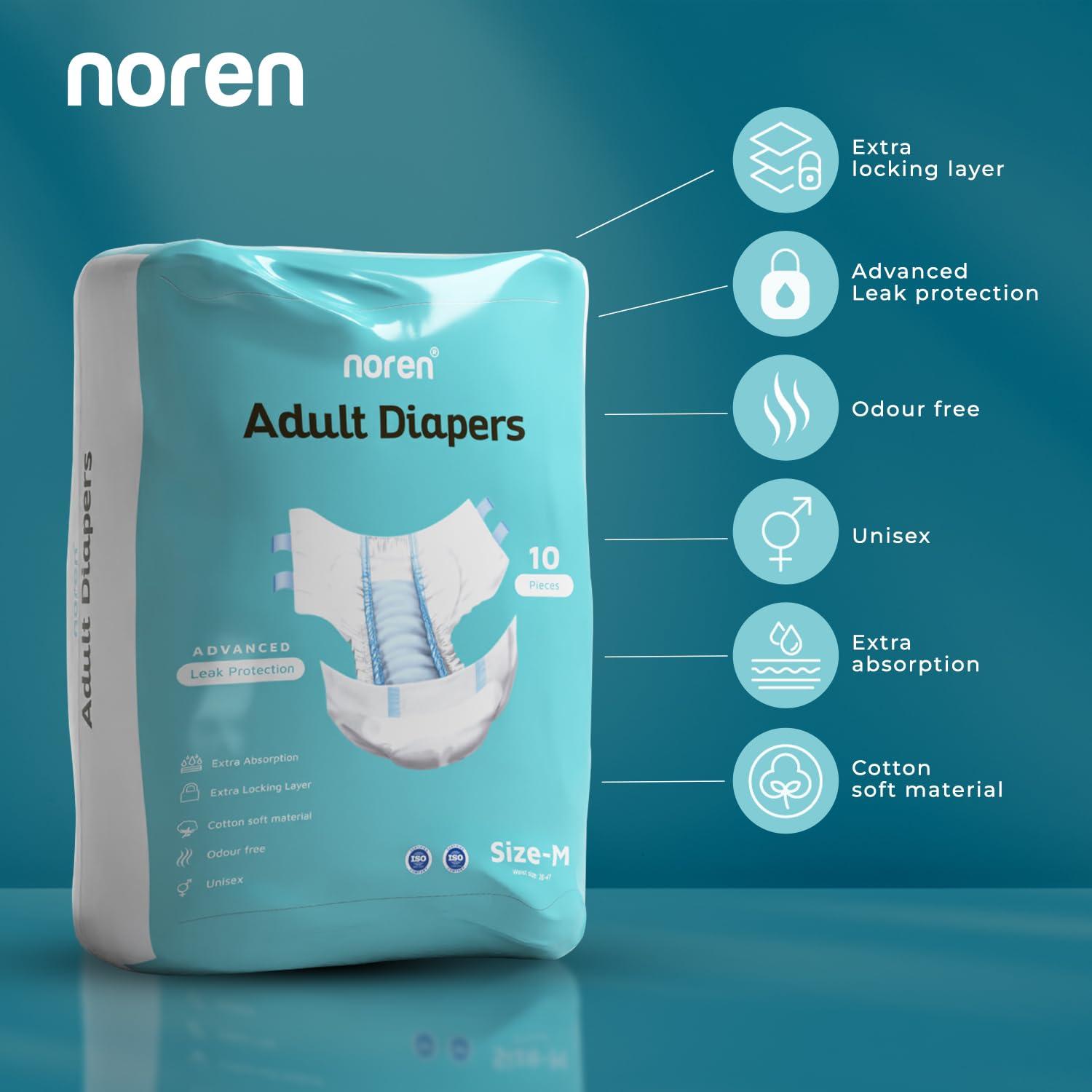noren Noren Adult Diaper Tape Style, 50 Pieces - Medium, Waist Size (28-47 inches) - Advanced Leak Protection, Cotton Soft Material, Odour free, Senior Citizen Products, Unisex- Pack of 5