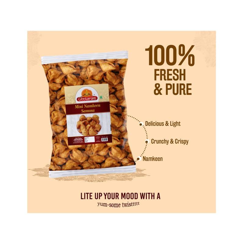 GHOTARAM Ghotaram Ready to Eat Snack Mini Samosa Indian Namkeen Nashta | Dal Samosa Baked Roasted Moong Mung Dal Samosa Triangle | Mini Samosa for Evening Tea Time Snack Fry in Peanut oil-1Kg*6Pack