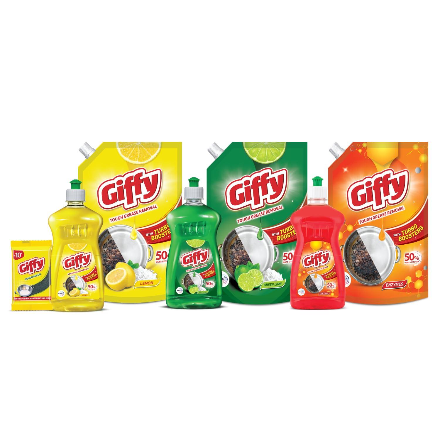 Giffy Giffy Concentrated Liquid Dish Wash Gel 500ml Pack of 2 with Active Salt & Lime| 2x Faster Tough Grease Removal & Mild Fragrance| Removes Tough Malodour| Leaves No White Residue| Hand-Safe
