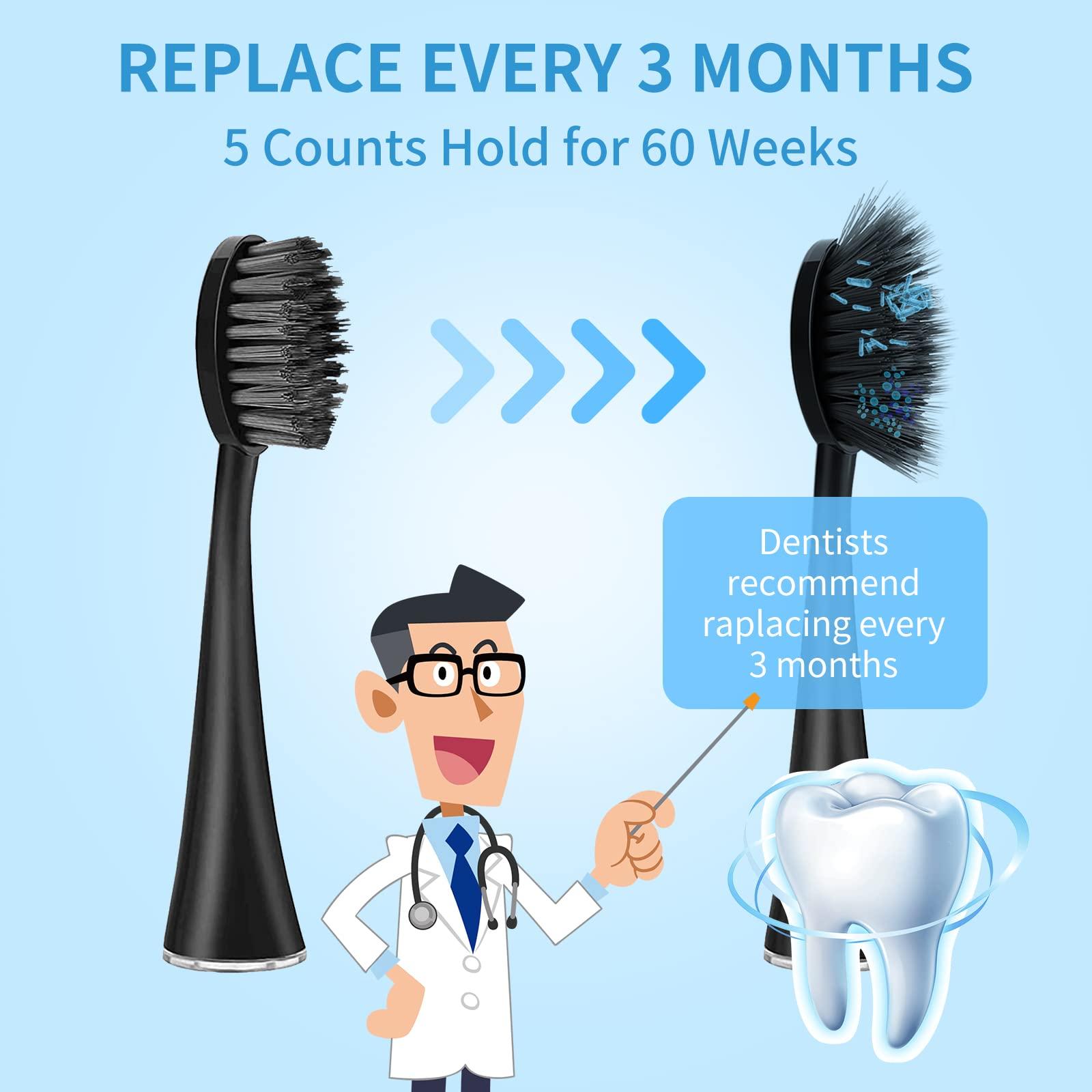 Harobey Replacement Toothbrush Heads for Burst Sonic Toothbrush with Dust Cover Caps, Charcoal Soft Bristles, 5 Counts, Black