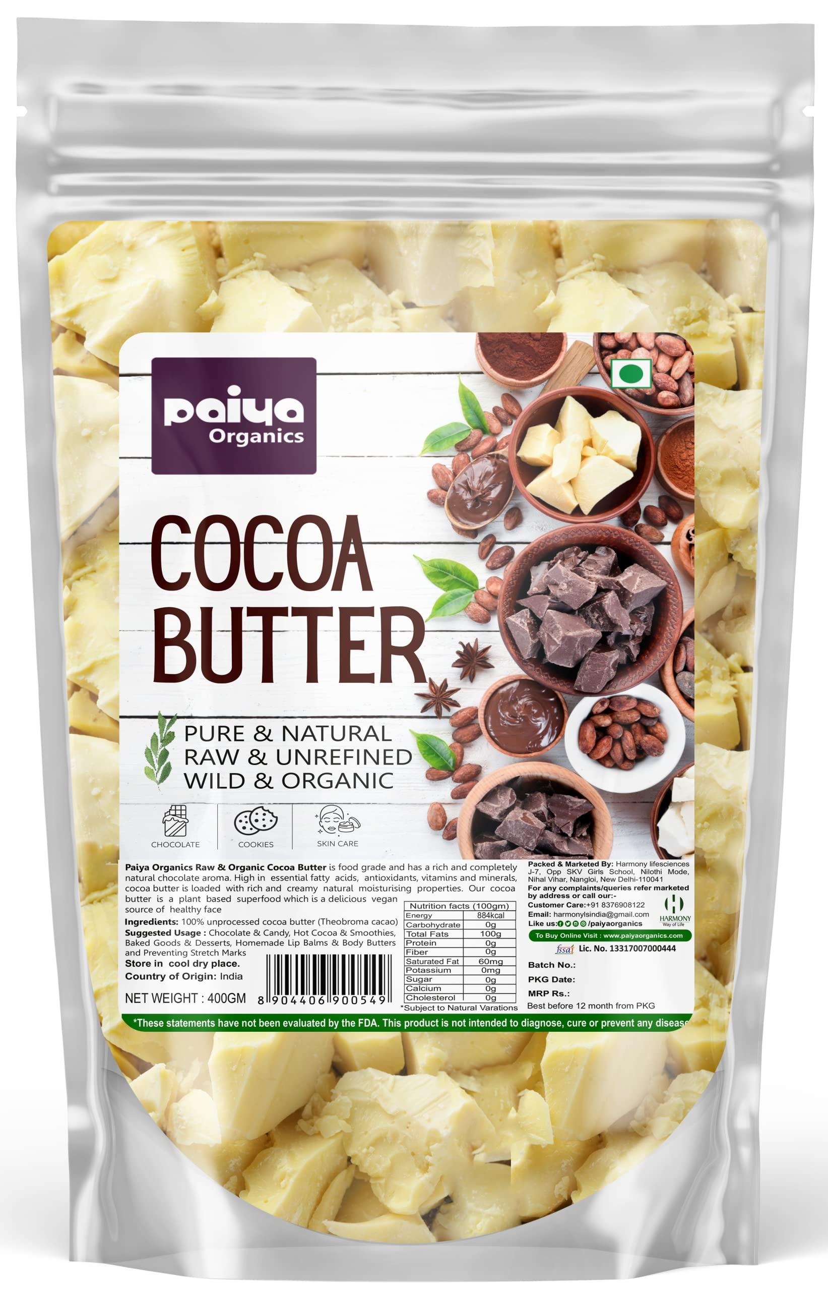 paiya organics Paiya Organic Cocoa Butter for Chocolate Making Food Grade Raw & Organic Great For Face, Skin, Body, Lips, Stretch Mark 400gm