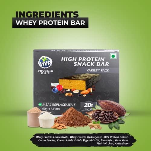 HYP HYP - Meal Replacement Whey Protein Bar Variety Pack (6x60g) | 20g Per Bar | 2 Almond Fudge + 2 Peanut Butter + 2 Cookies and Cream | Includes Whey Protein | Gluten Free Protein Bars | Protein Snacks