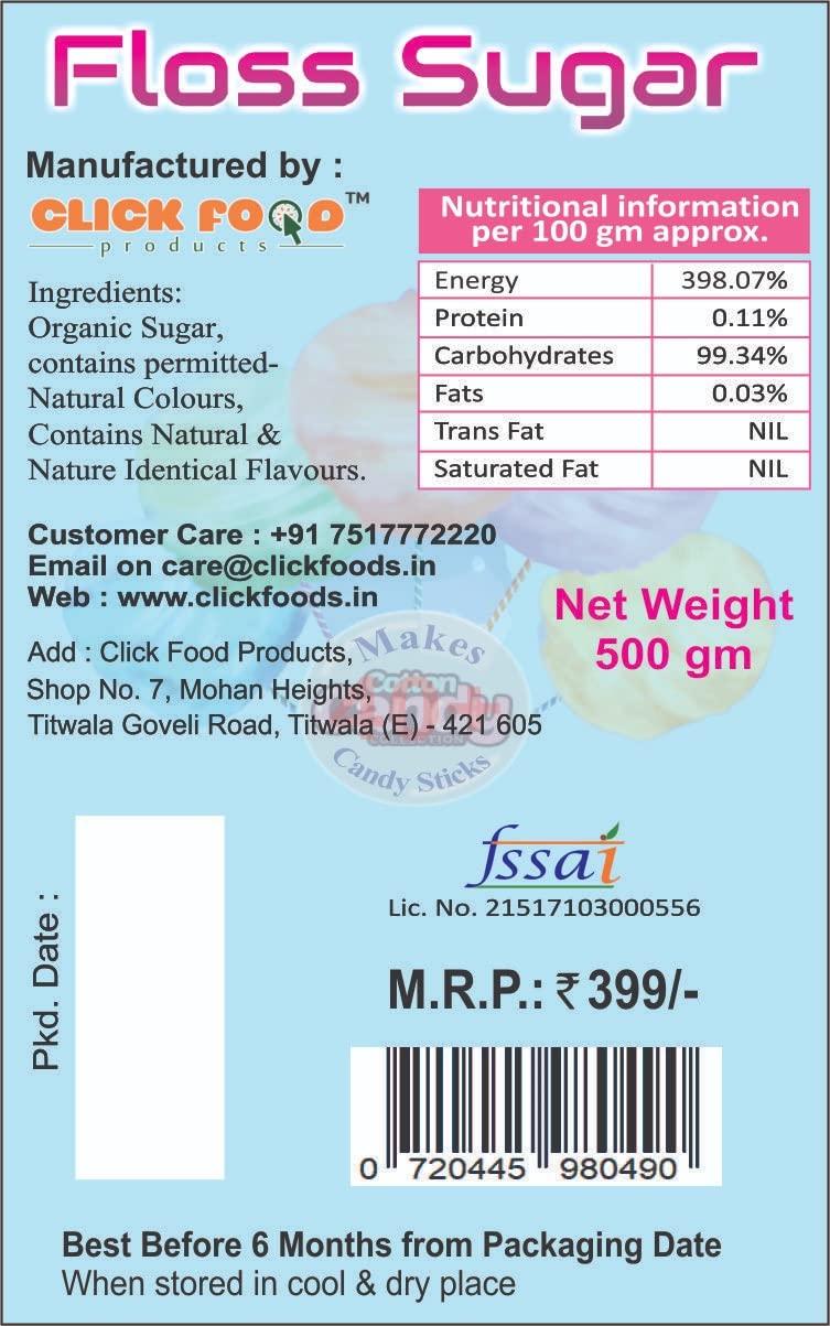 CLICK FOOD PRODUCTS Candy Floss Sugar / Cotton Candy Sugar / Flavoured Sugar Strawberry Flavour 500 gms (Organic Sugar & Natural Colours)