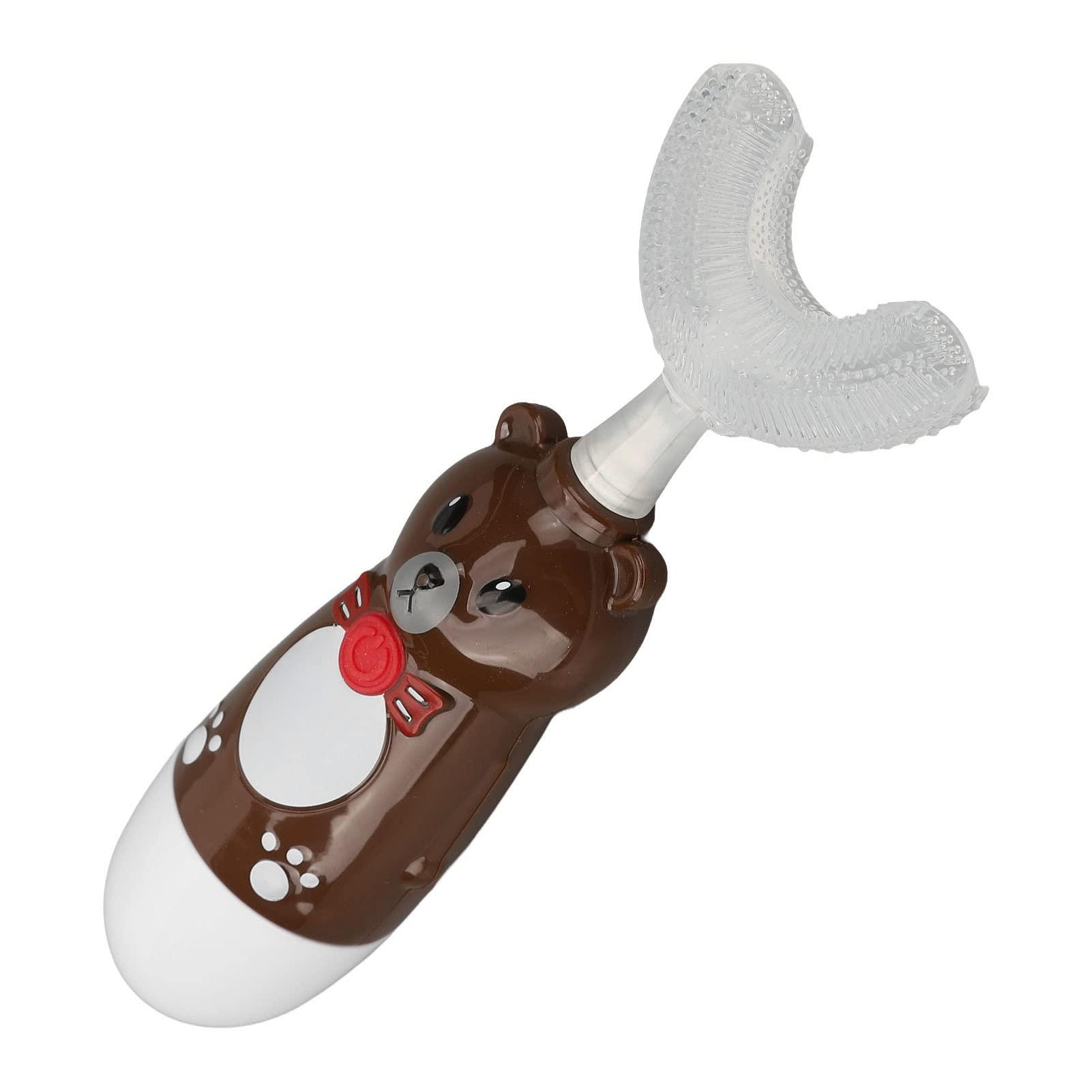 DNEI Sonic U Shaped Toothbrush, Kids Smart Toothbrush Automatic Ergonomic Cute Bear with 3 Brush Heads for Travel (Brown)