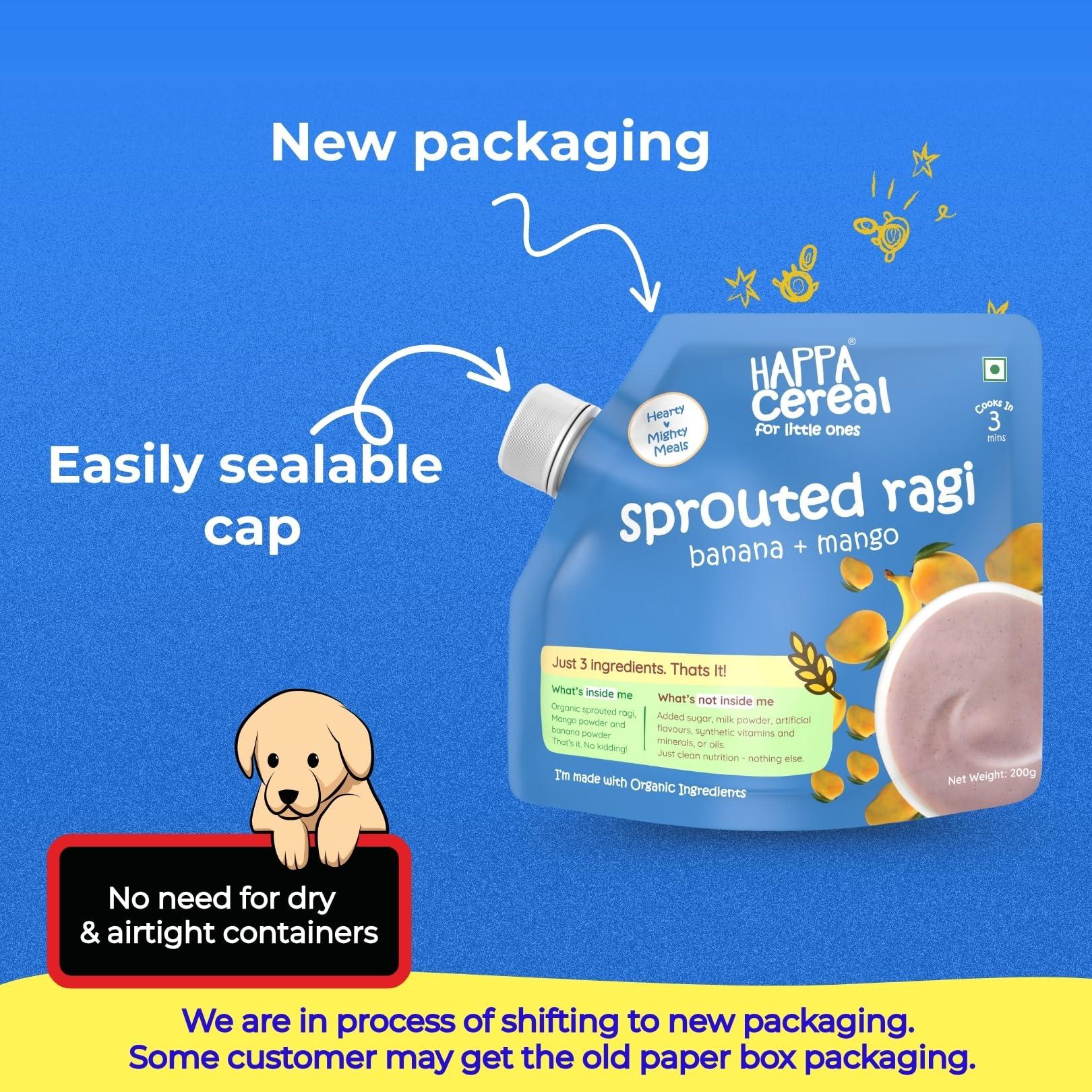 HAPPA Happa Organic Baby Food Sprouted Ragi, Mango and Banana Cereal Mix Porridge | Calcium Booster - Bone Strength | 100% Natural, Organic Khichdi | No Added Salt, Sugar or Milk | No preservatives | 200gm