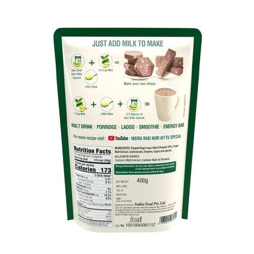 INDIRA Indira’s Ragi Huri Hittu - Teens & Kids Special, Popped Ragi Flour with Cashew Nuts, Malt, Spices (400g, Pack of 4), Ragi Malt Mix, Instant Ragi Porridge Mix, Ragi Laddu Mix